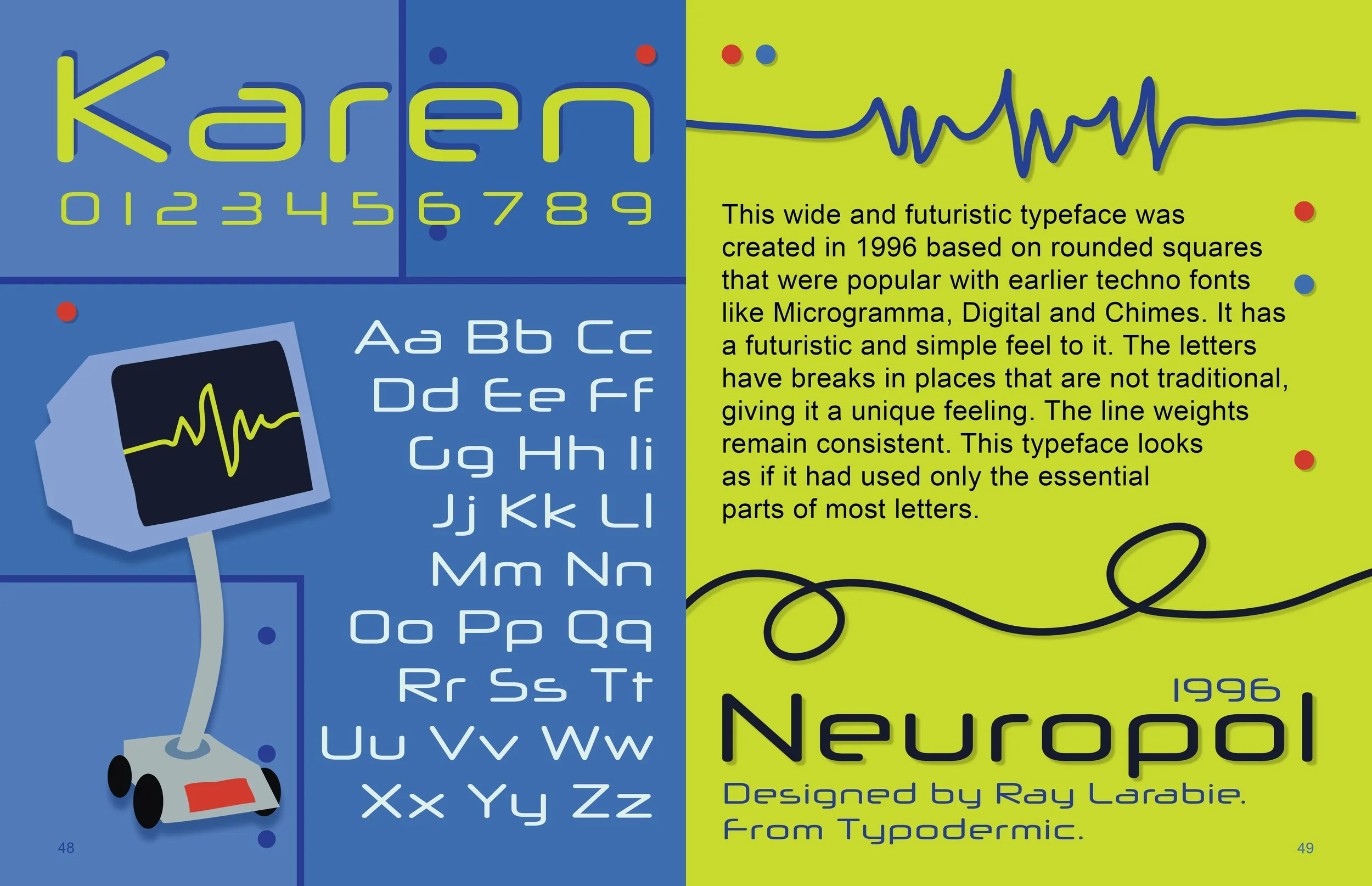 Design poster showcasing the Neooprul typeface from 1996, with a blue and yellow color scheme. Features a sample alphabet, a small illustration of a monitor with a waveform, and a paragraph describing the font's futuristic style based on rounded squares.