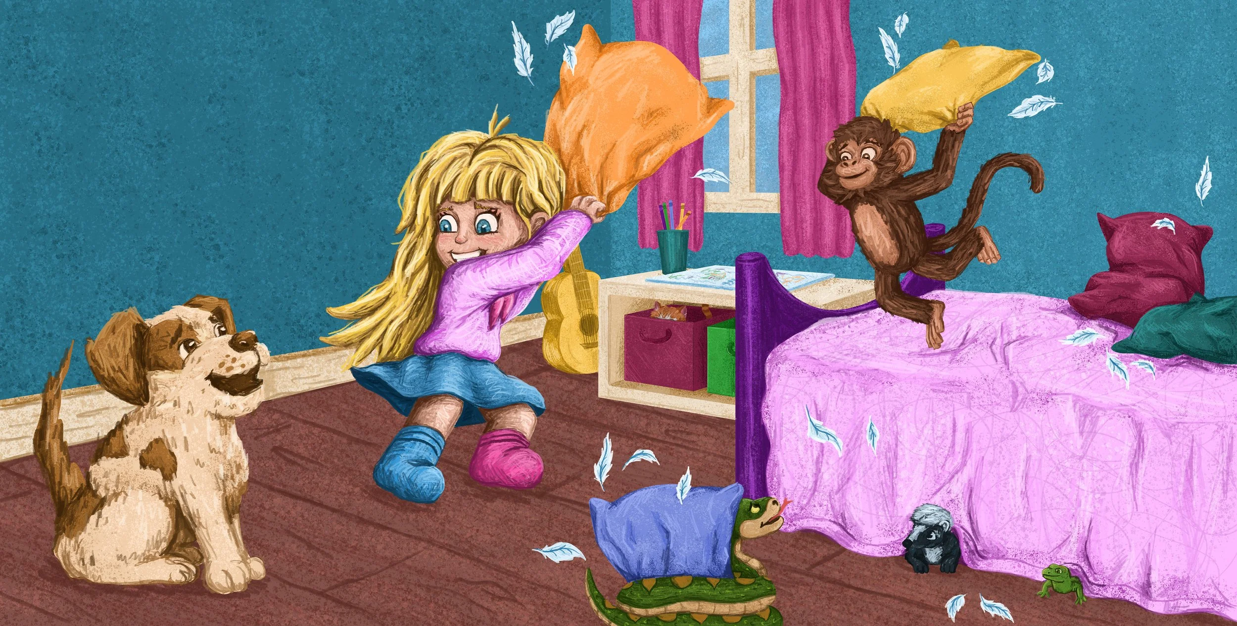 A girl with long blonde hair jumping on her bed with a yellow pillow, while a monkey on the bed throws a yellow pillow at her. A brown and white dog sits on the floor watching, and a turtle with a blue blanket on its back and a green frog are also present. Feathers are flying in the air around them in a bedroom with a pink bed, purple curtains, and a window.