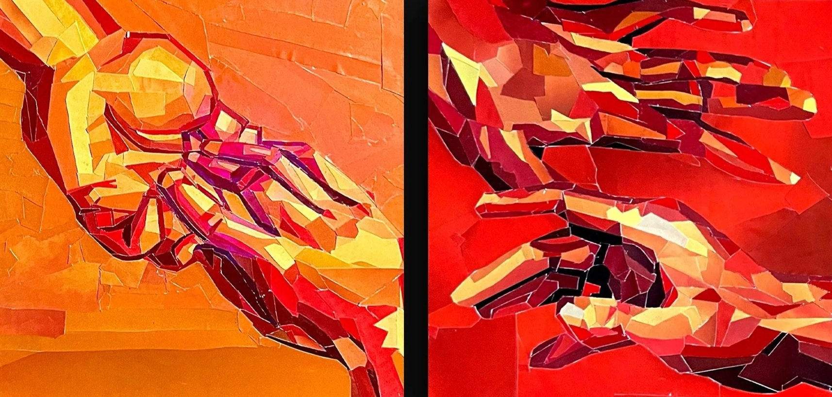 Abstract mosaic art of a hand in red, orange, yellow, and black tones divided into two panels