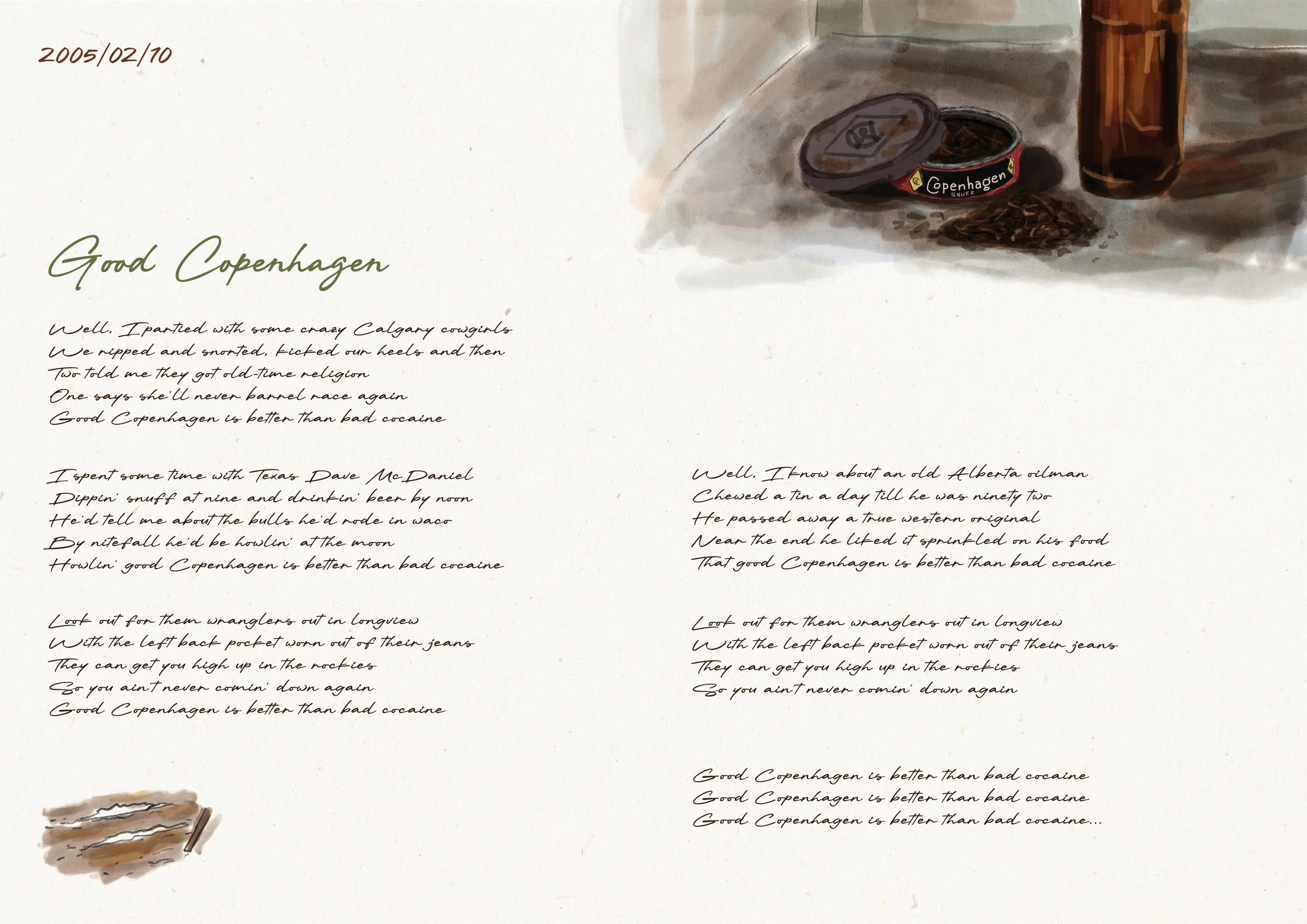 A handwritten note titled 'Good Copenhagen' with a drawing of an open tin of Copenhagen smokeless tobacco and a brown bottle on a table. The note contains several paragraphs of handwritten text about experiences and stories.