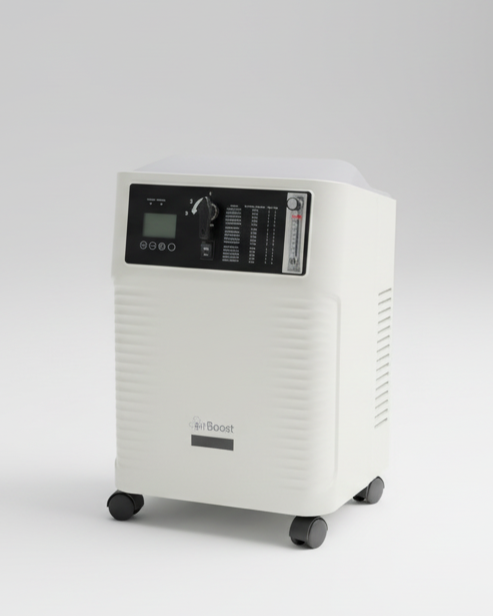 Ein weißes medizinisches Sauerstoffgerät mit digitaler Anzeige und Rädern.