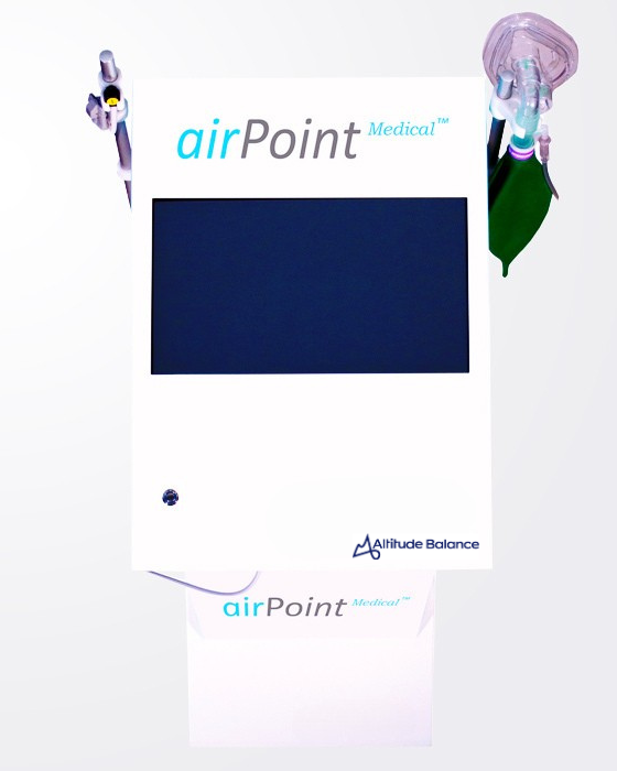 Ein medizinisches Gerät namens airPoint mit einem großen Bildschirm, zwei angeschlossenen Atemmasken und der Marke Altitude Balance.