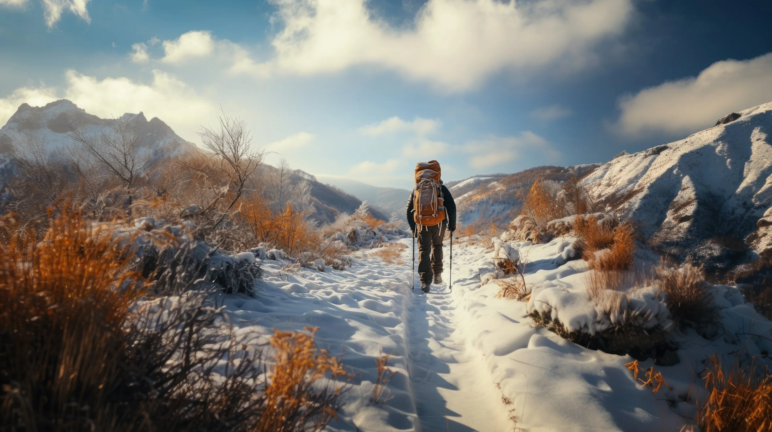 Ein Bergsteiger wandert auf einem verschneiten Pfad in einer winterlichen Berglandschaft mit Bergen im Hintergrund bei Sonnenlicht.