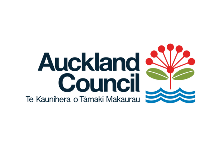 A logo for Auckland Council featuring a stylized red flower with green leaves and blue water waves, along with black and blue text.