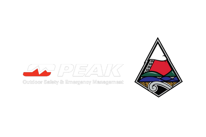 Logo of PEAK Outdoor Safety and Emergency Management with a red and white mountain peak and a shield containing a red flag, green hills, and a wave.