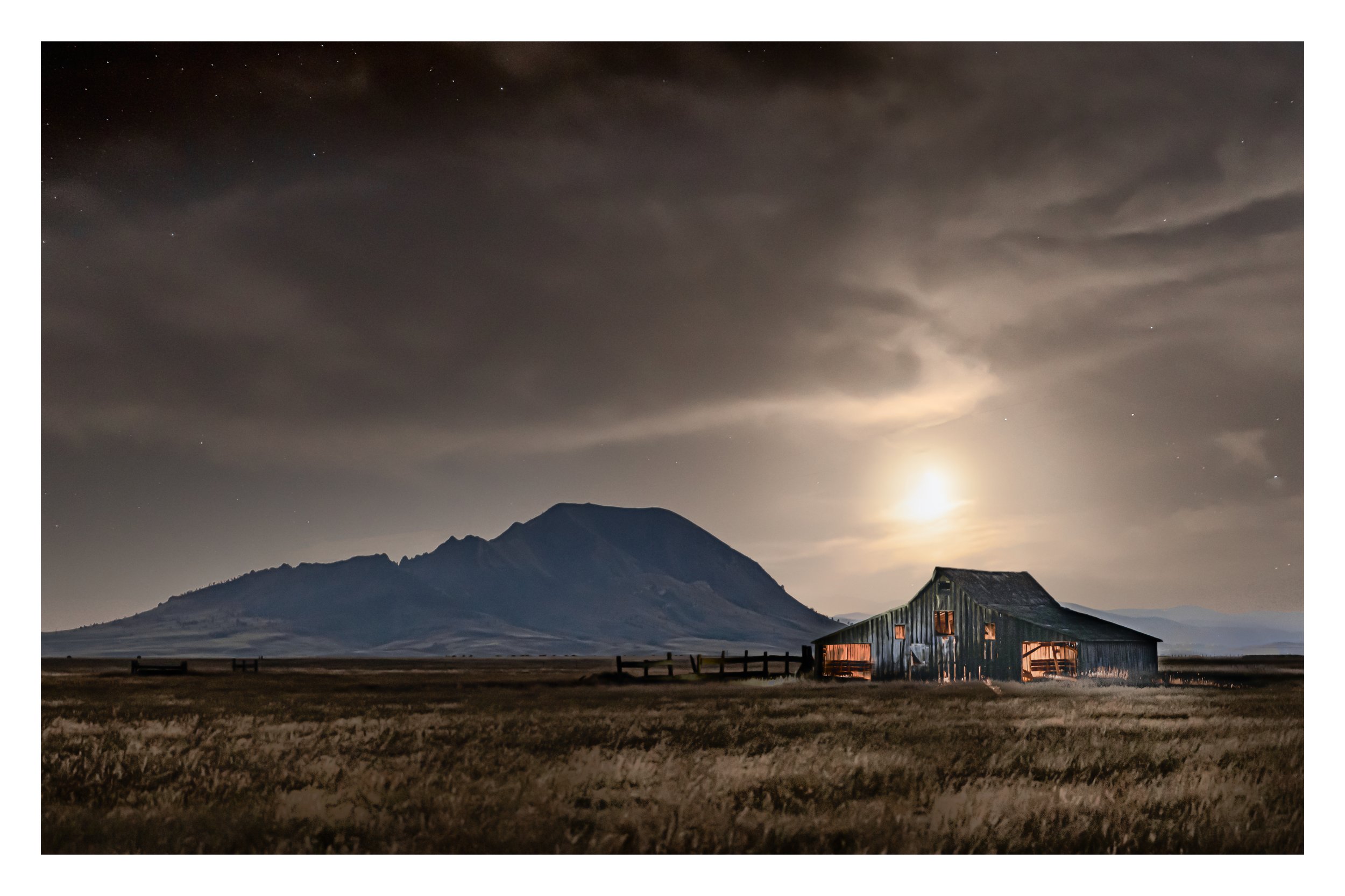 Crescent Moon Over Barn and Mountain