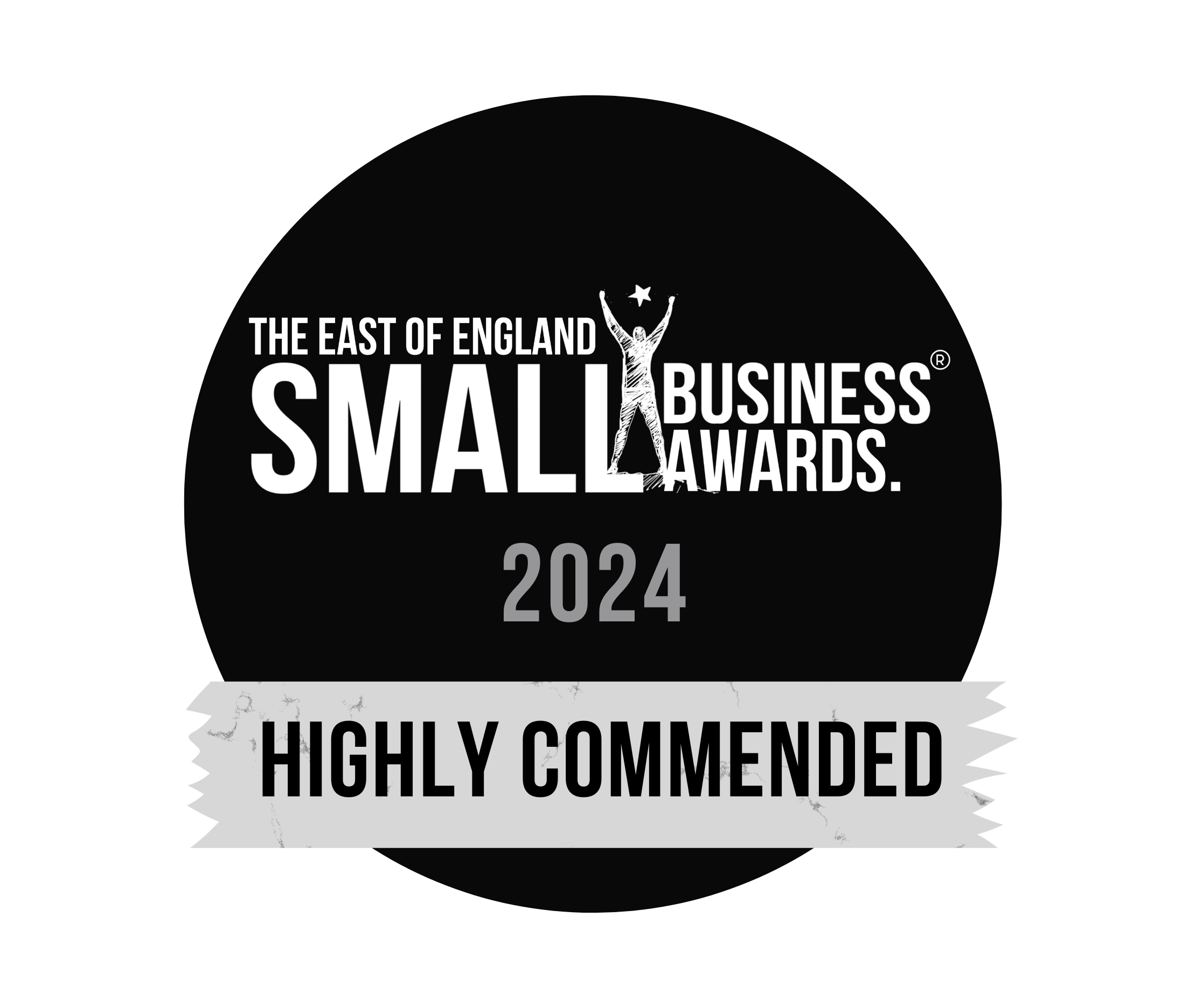 An award badge for the East of England Small Business Awards 2024, with a black circular background, white text, and a ribbon that reads "Highly Recommended."