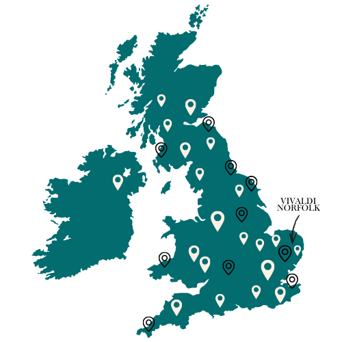 Map of the United Kingdom with location markers across different areas of England, Scotland, Wales, and Northern Ireland.