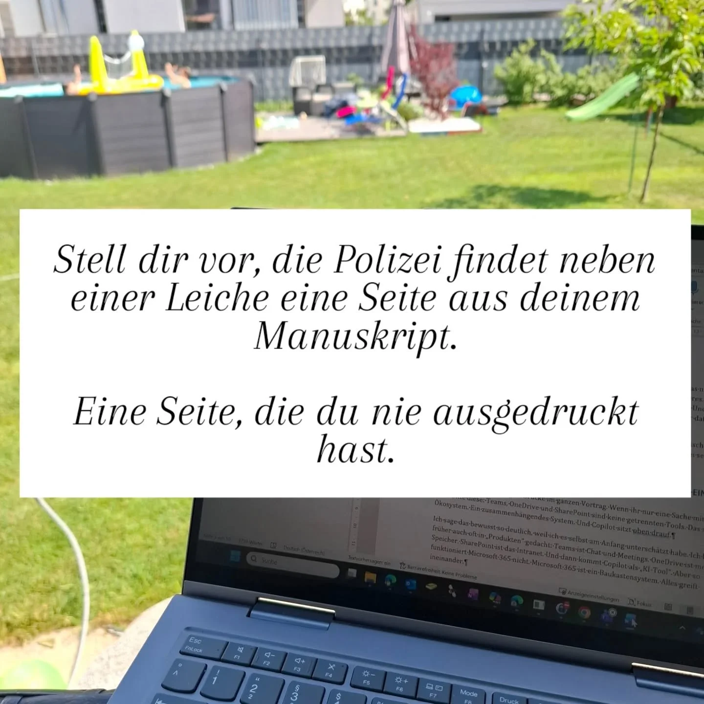 Aus meinem unver&ouml;ffentlichten Thriller "Was du nicht geschrieben hast."

Krimiautor Jonas Falk wird zu einer Vernehmung gebracht. Neben einer ermordeten Frau wurde eine Manuskriptseite gefunden.

Sein Manuskript.

Das Problem:
Er hat d