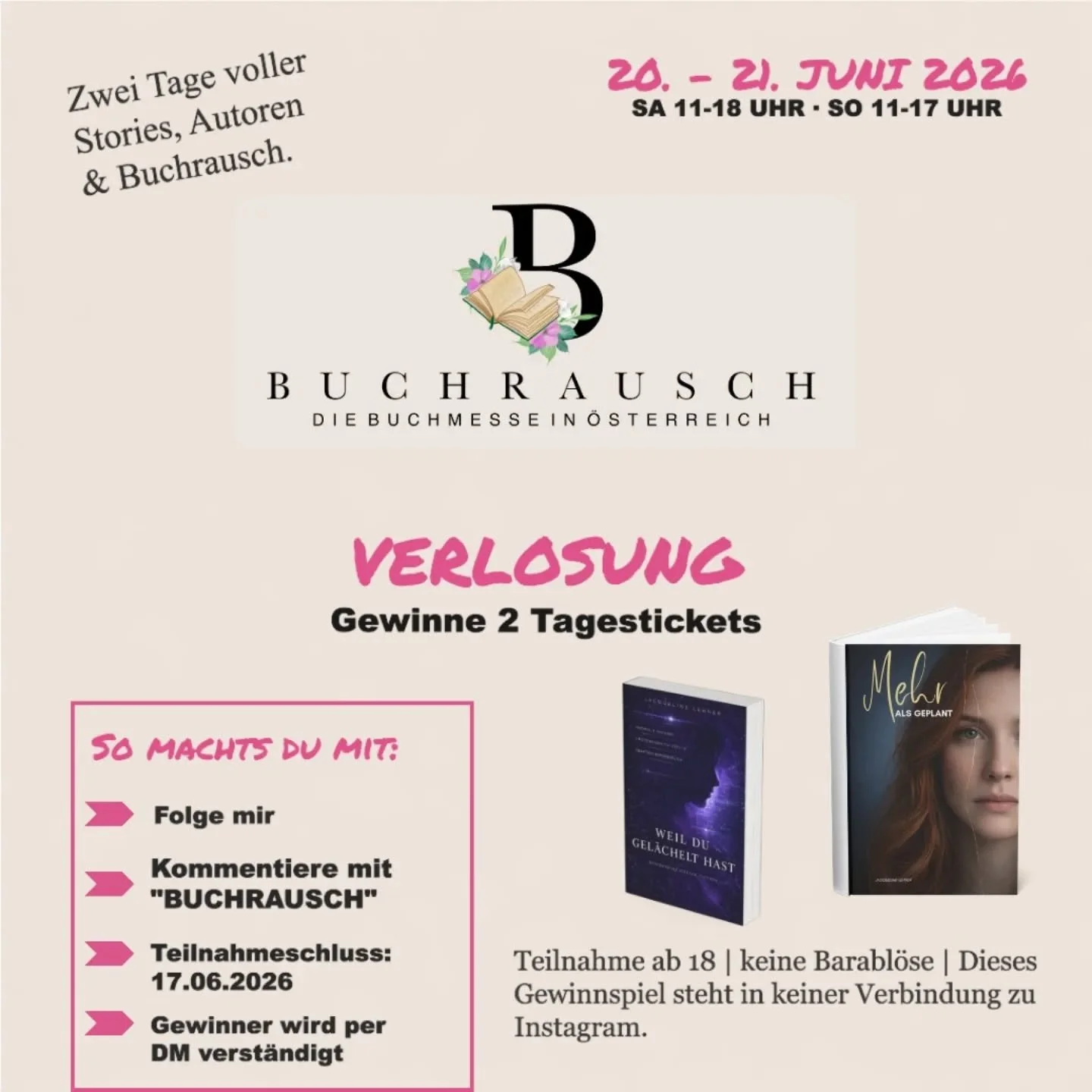 🎉 GEWINNSPIEL 🎉

Ich darf 2 Eintrittskarten f&uuml;r die Buchrausch Wels verlosen! 📚

So machst du mit:
&bull; Folge @jacqueline.lehner.books
&bull; Kommentiere: &bdquo;BUCHRAUSCH&ldquo;

Teilnahmeschluss: 17.06.2026
Gewinner*in wird per DM verst&