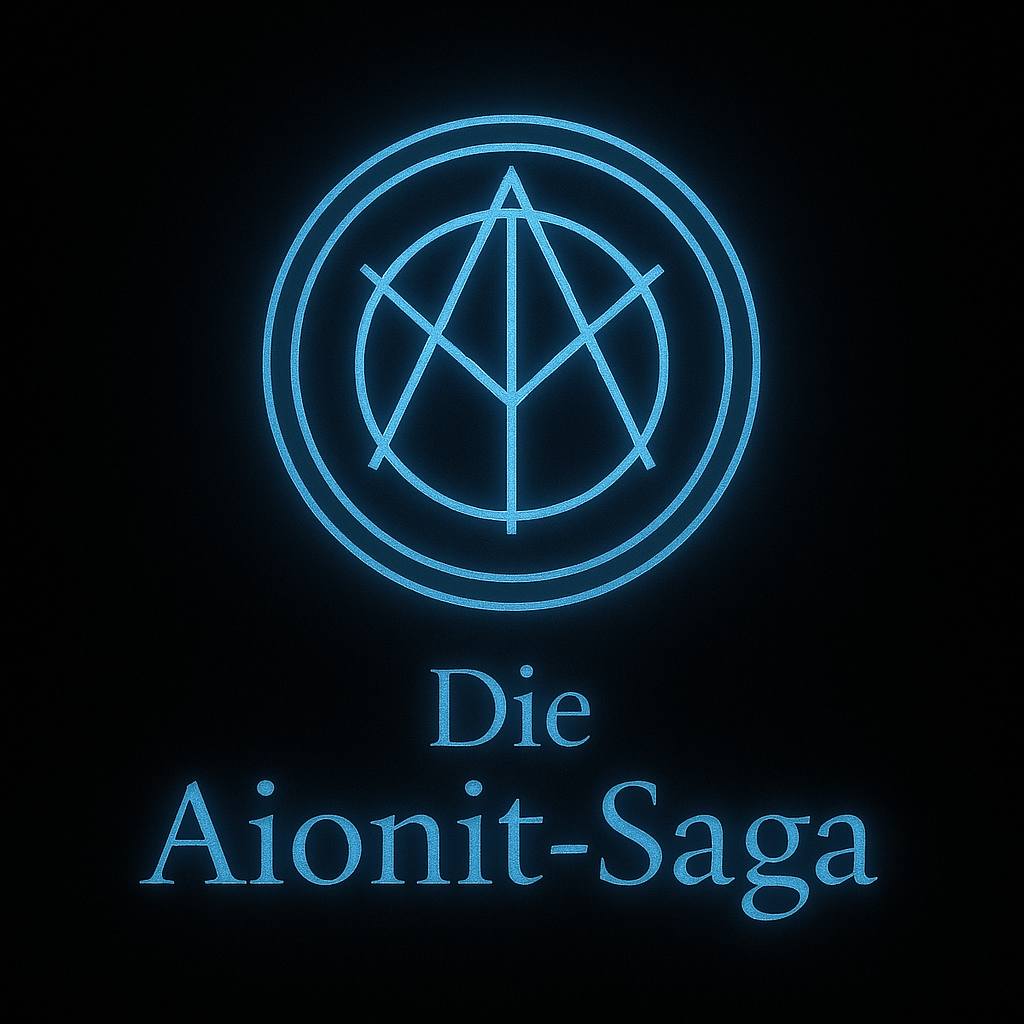 Neon-Logo mit einem Kreismuster und dem Text "Die Aionit-Saga" darunter.