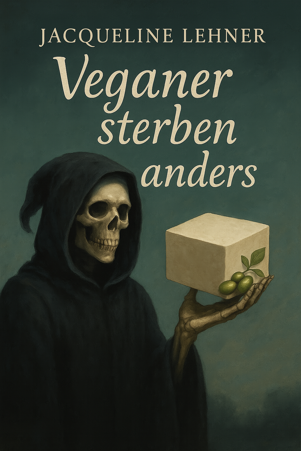 Buchcover mit Skelett in schwarzem Umhang, das eine Hand mit Oliven und einem Kasten hält, und der Titel in deutscher Sprache: 『Veganer sterben anders』.