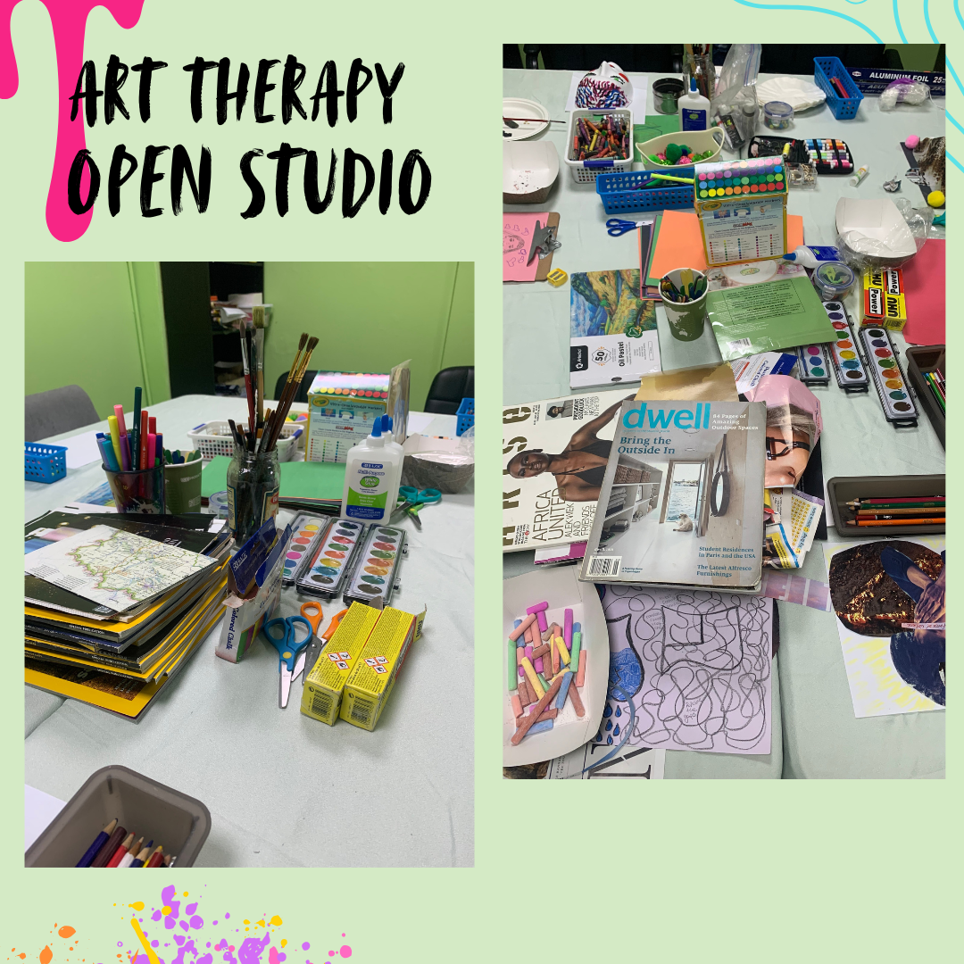 Two tables filled with art supplies such as paints, brushes, colored chalks, scissors, glue, notebooks, magazines, and various craft materials, set up for an art therapy open studio session.