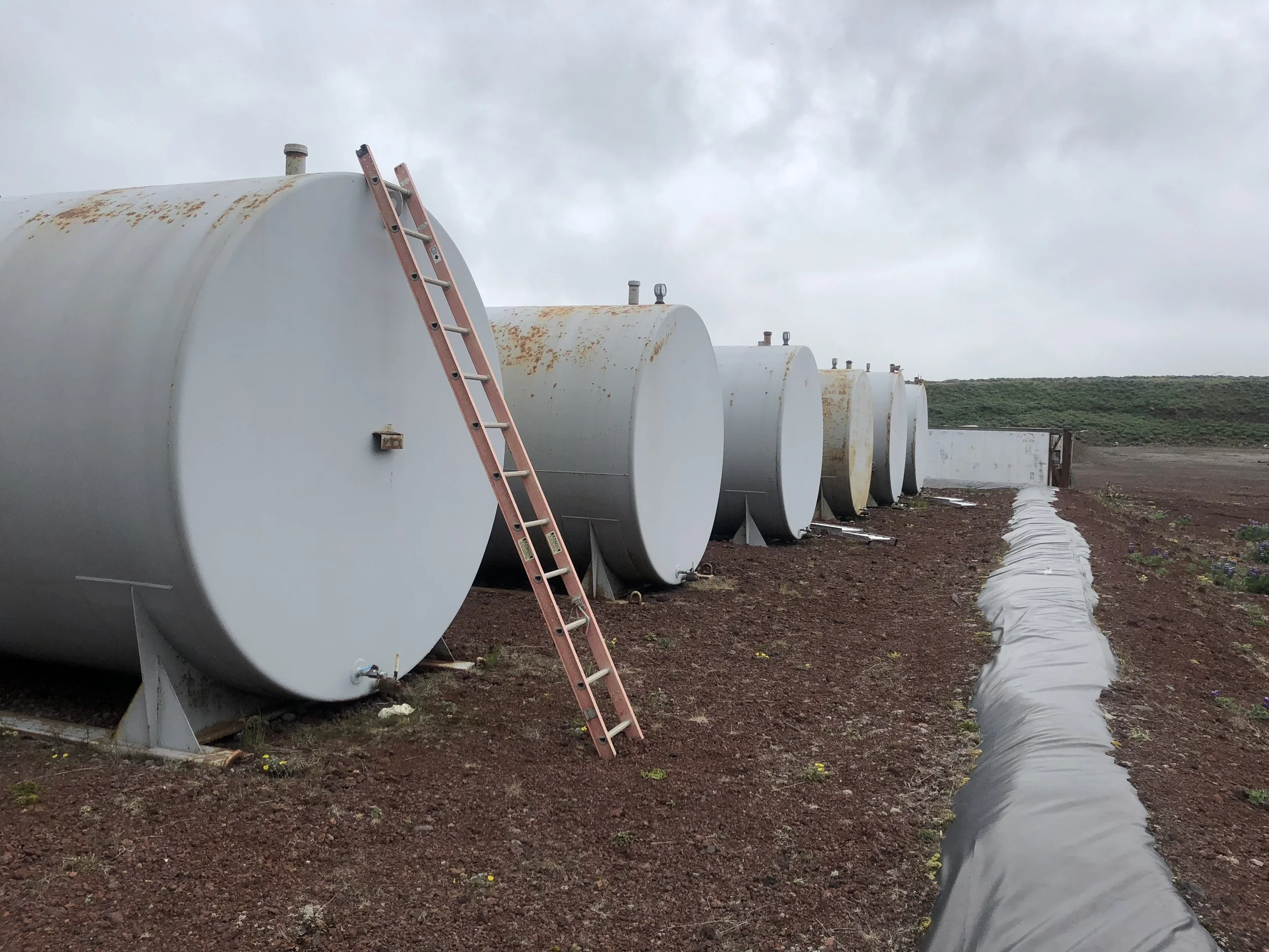 A row of six large white storage tanks lined up outdoors on brown soil, with a ladder leaning against the first tank and cloudy sky overhead.