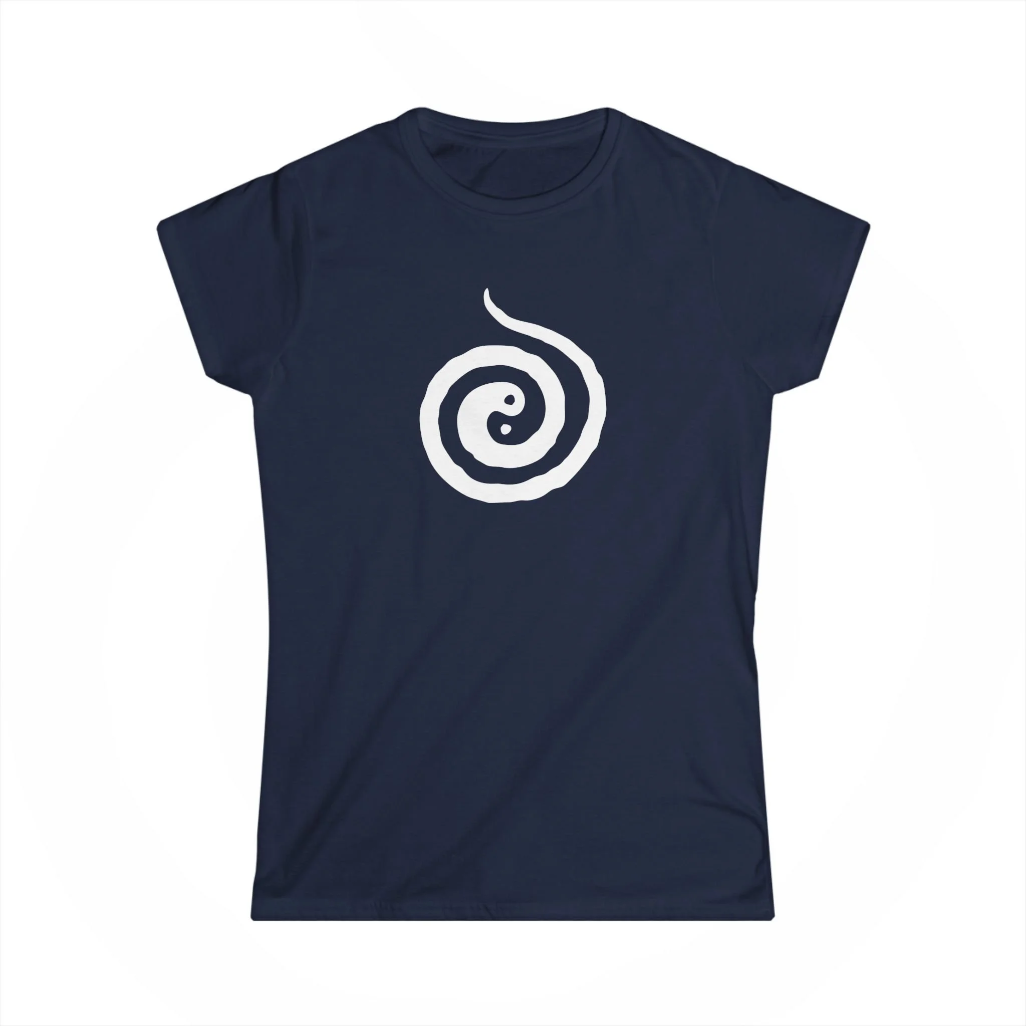 A navy blue Qi Gong inspired t-shirt with a white spiral design in the centre.