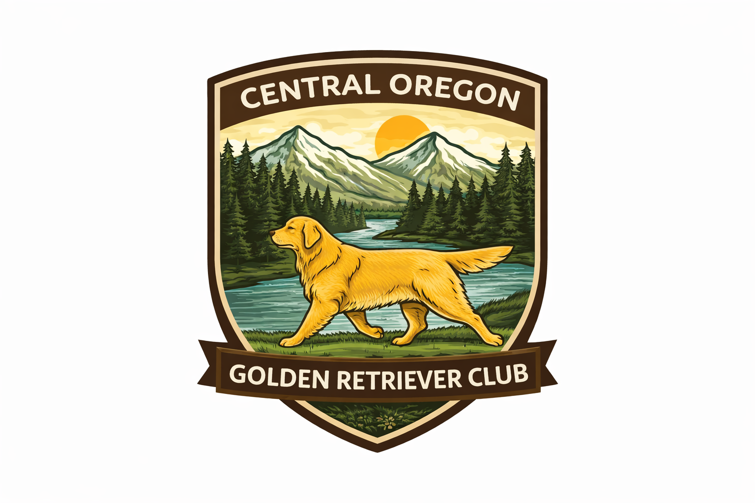 Illustrated badge for the Central Oregon Golden Retriever Club with mountains, trees, a river, and a golden retriever walking in the foreground.