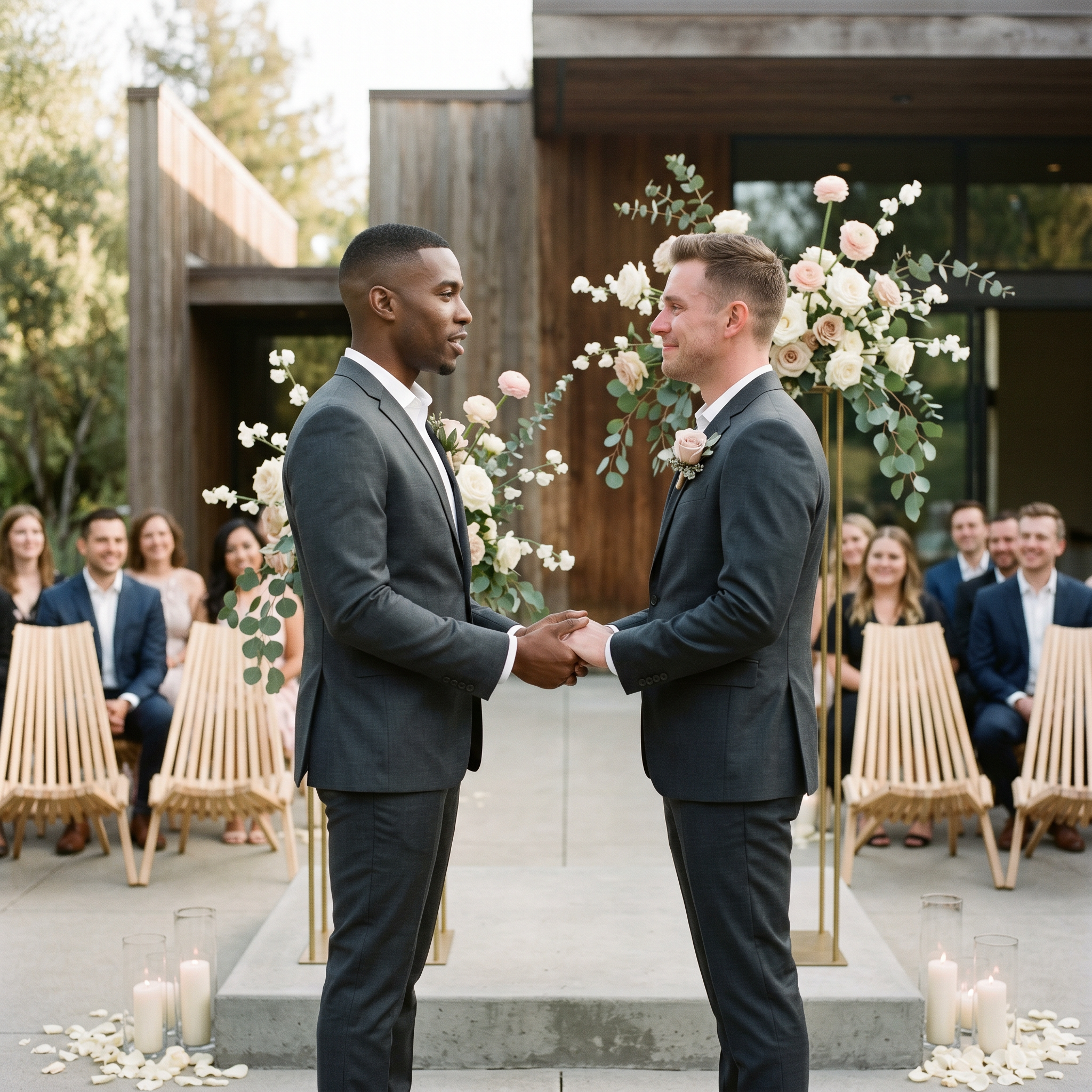 Two men in gray suits holding hands and facing each other for a wedding ceremony outdoors. Behind them is a floral arrangement with pink and white roses and greenery, and a crowd of people sitting and watching the ceremony.