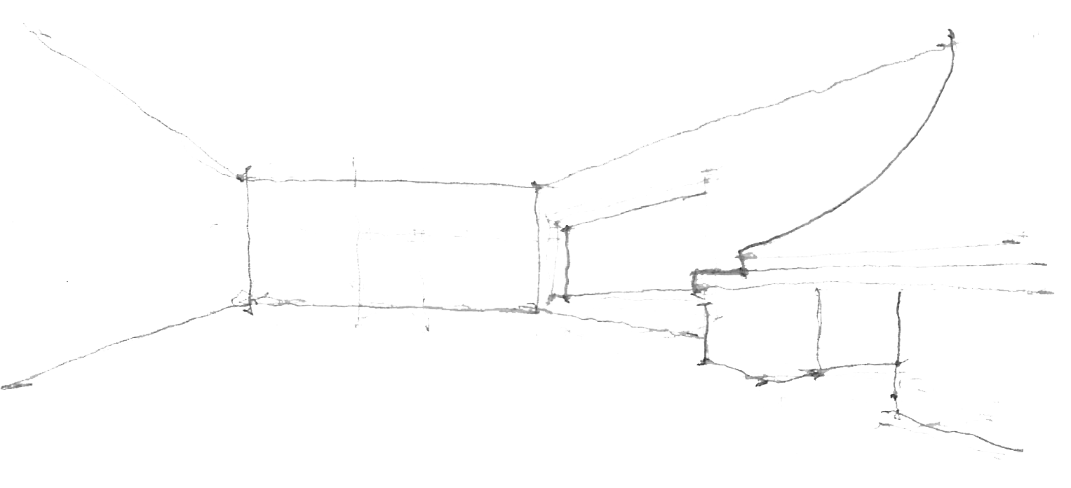 Line drawing of a computer-generated 3D model showing interior structure with walls, openings, and levels in a black background.