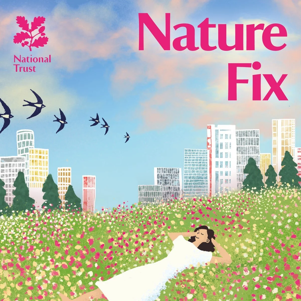 A woman lying on a field of pink and white flowers in an urban area with tall buildings in the background, bird silhouettes flying in the sky, and the title 'Nature Fix' with the logo of the National Trust.