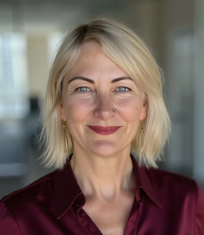 A blonde woman with blue eyes, wearing a burgundy shirt, smiling at the camera in an indoor setting.