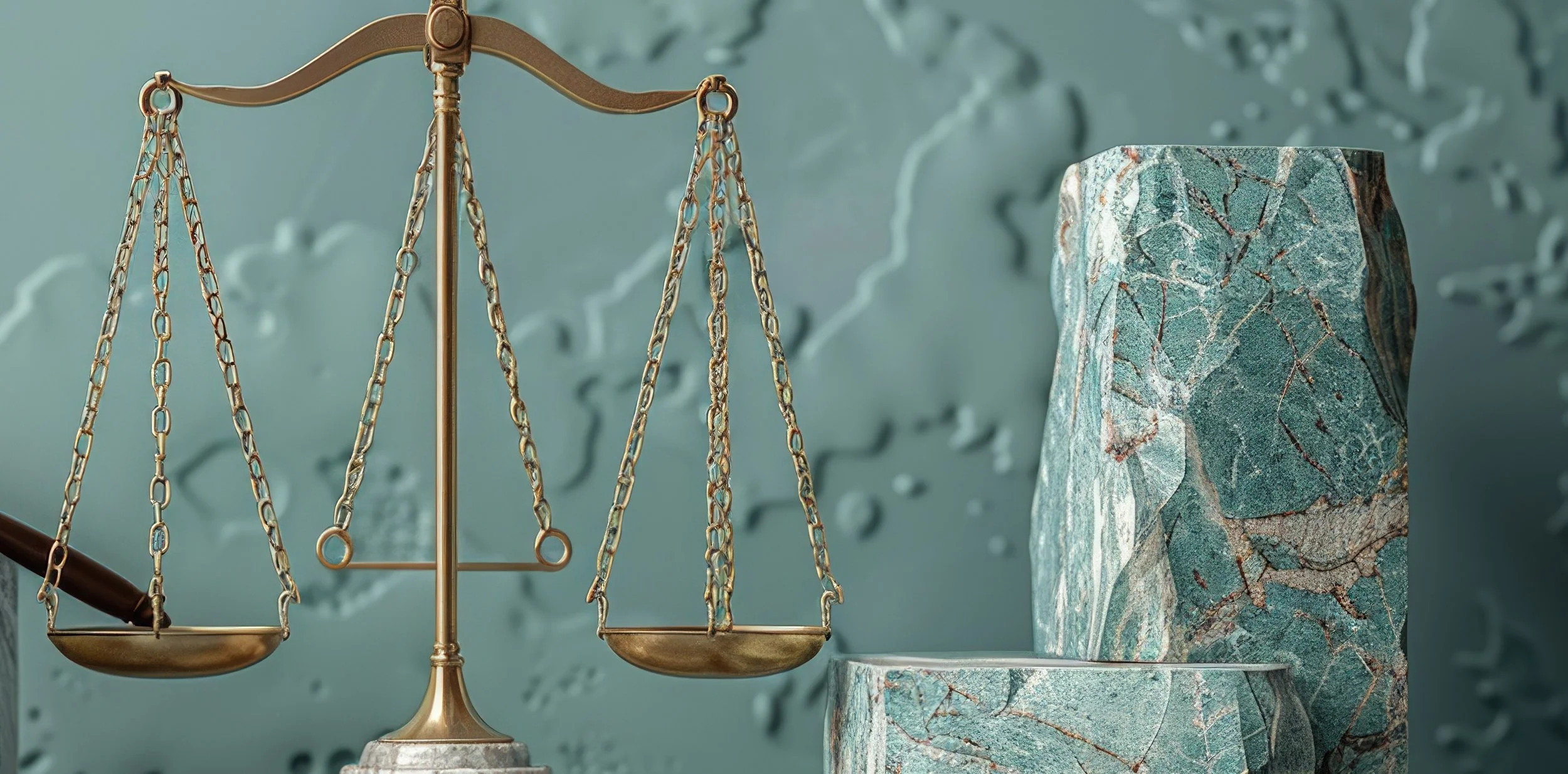 A set of brass balance scales with empty pans on a marble base, positioned next to a large, polished green marble block and a smaller green marble piece, against a textured green background.
