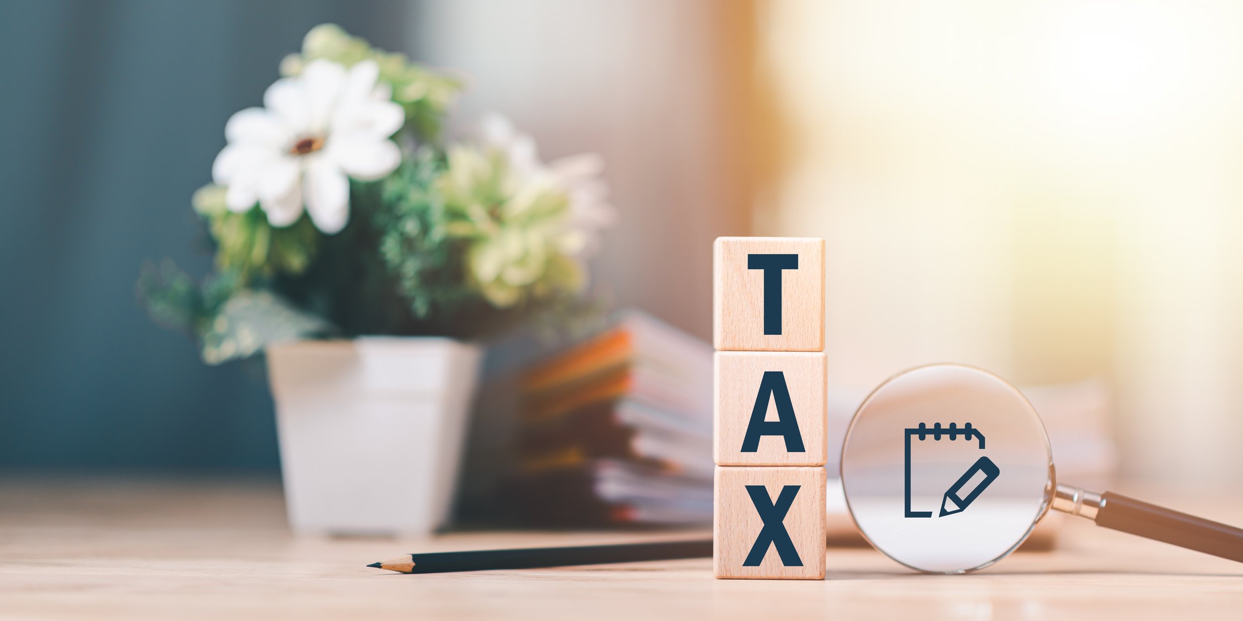 Wooden blocks spelling 'TAX' next to a magnifying glass with a notepad and pencil icon on it, with a potted plant and stack of books blurred in the background on a desk.