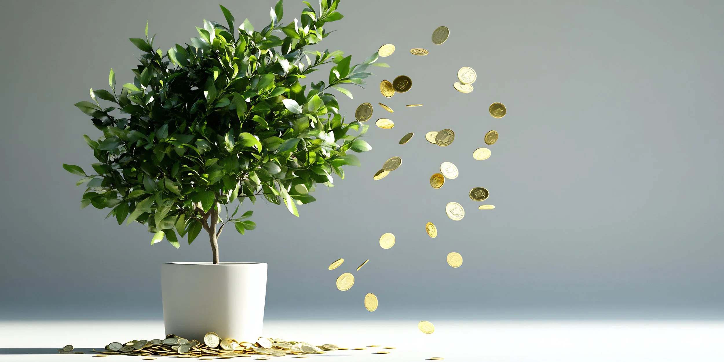 A potted plant with green leaves has gold coins falling around it against a light gray background.