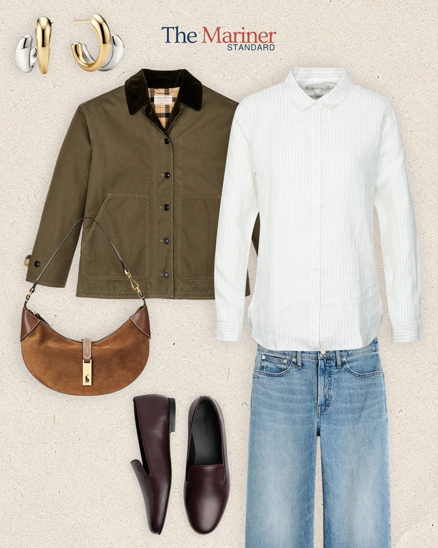 Rooted in heritage, refined for the present — this look balances coastal tradition with effortless modernity.
Rugged canvas, soft linen, and vintage denim create a palette of texture and ease, finished with burnished leather, mixed-metal hoops,