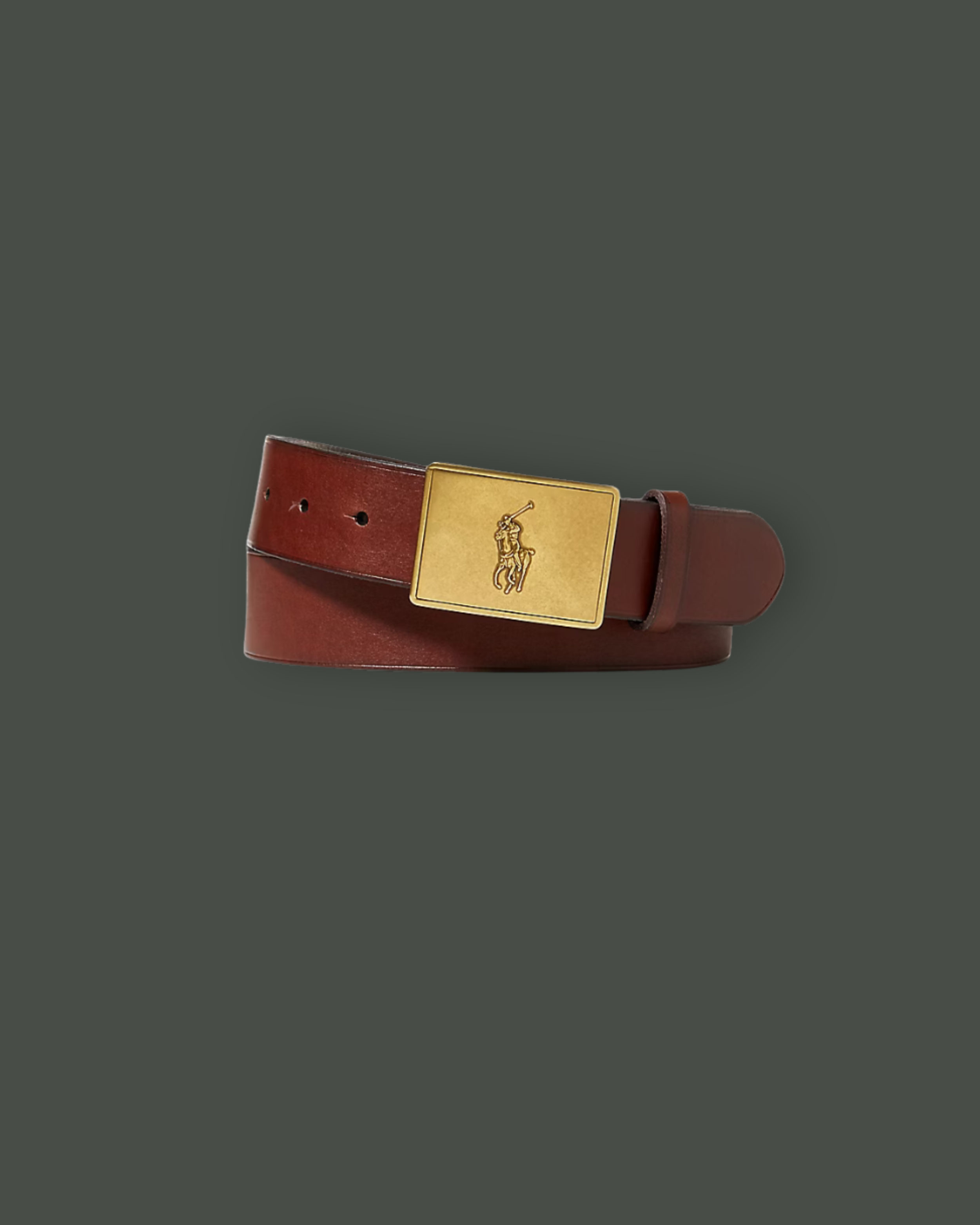A brown leather belt with a gold buckle featuring a polo player logo.