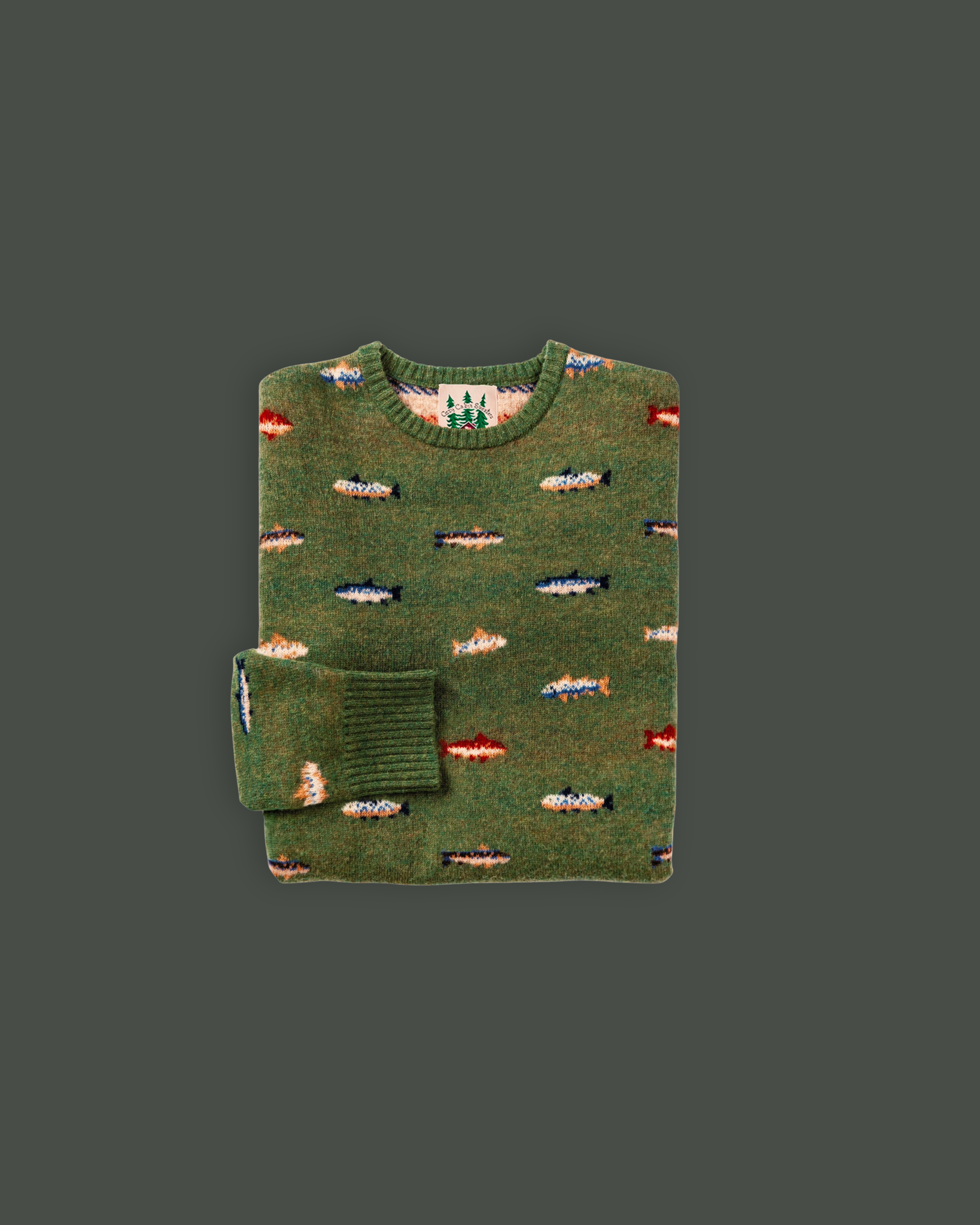 Green sweater with small fish patterns and a ribbed collar and cuffs, folded on a gray background.