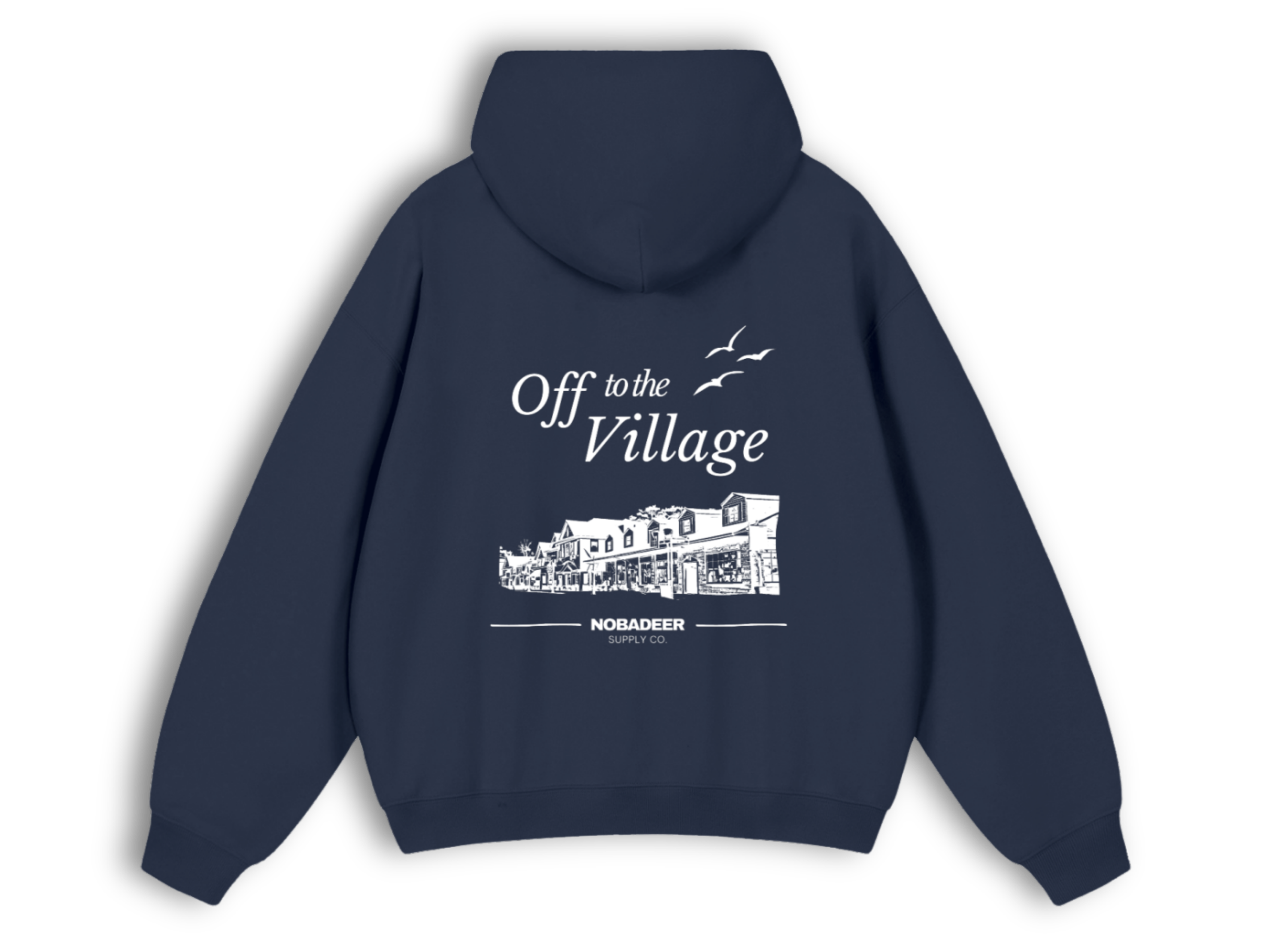 Navy blue hoodie with white graphic and text that says 'Off to the Village' featuring a drawing of a street with buildings, birds, and the words 'NOBADER SUPPLY CO.' underneath.