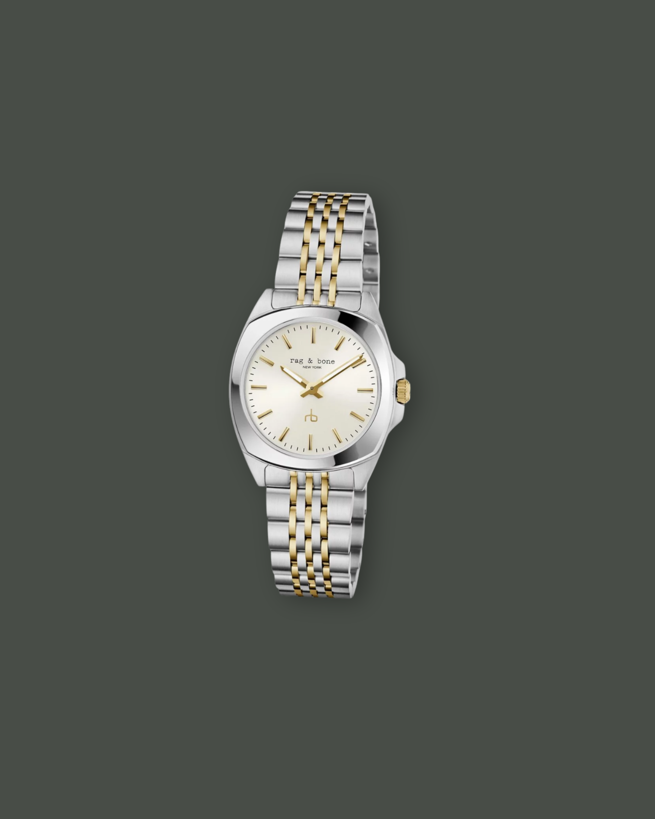 A dual-tone silver and gold wristwatch with a white face, gold markers, and a two-tone metal band.