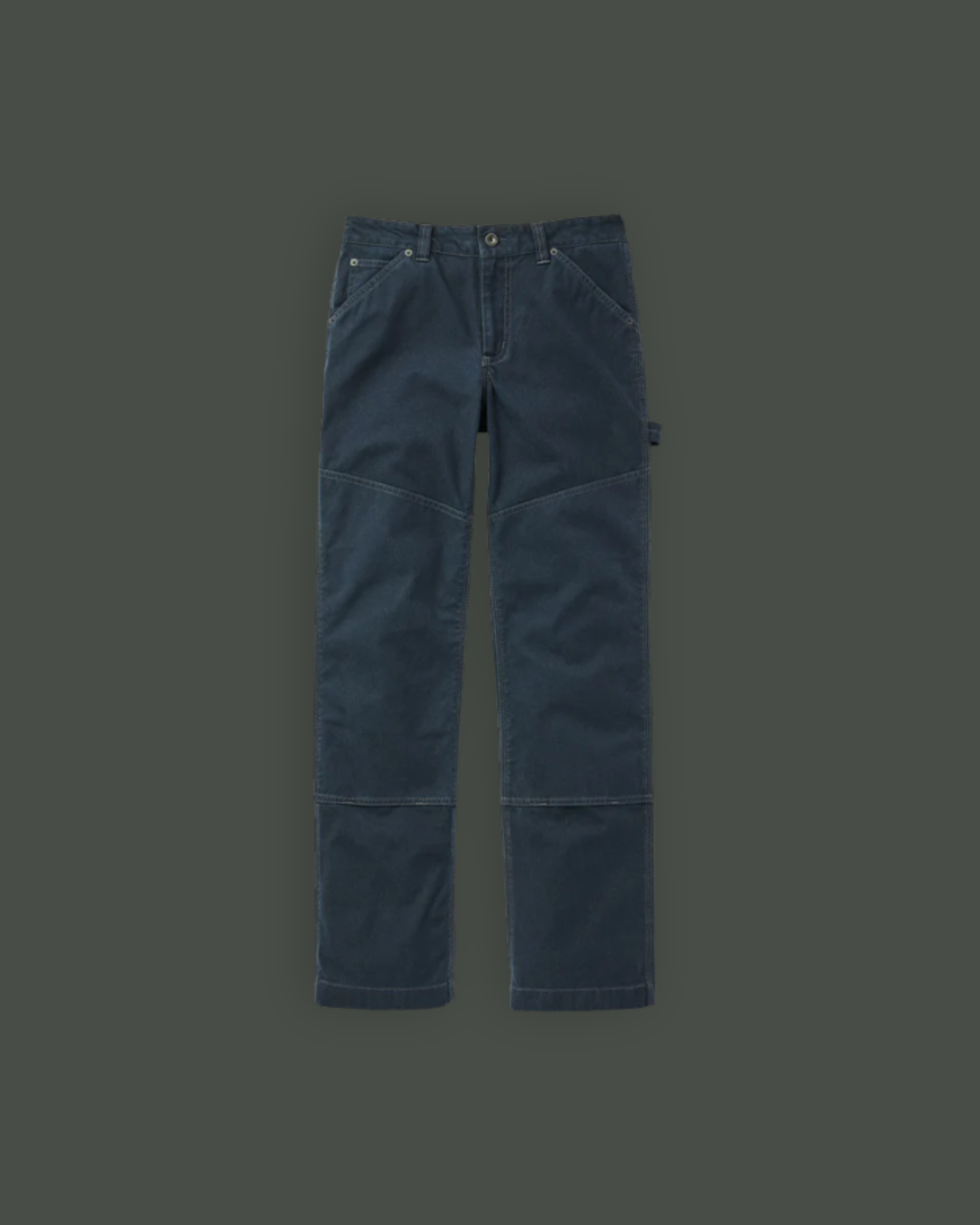 Pair of dark blue work pants with reinforced knee panels placed on a plain background.