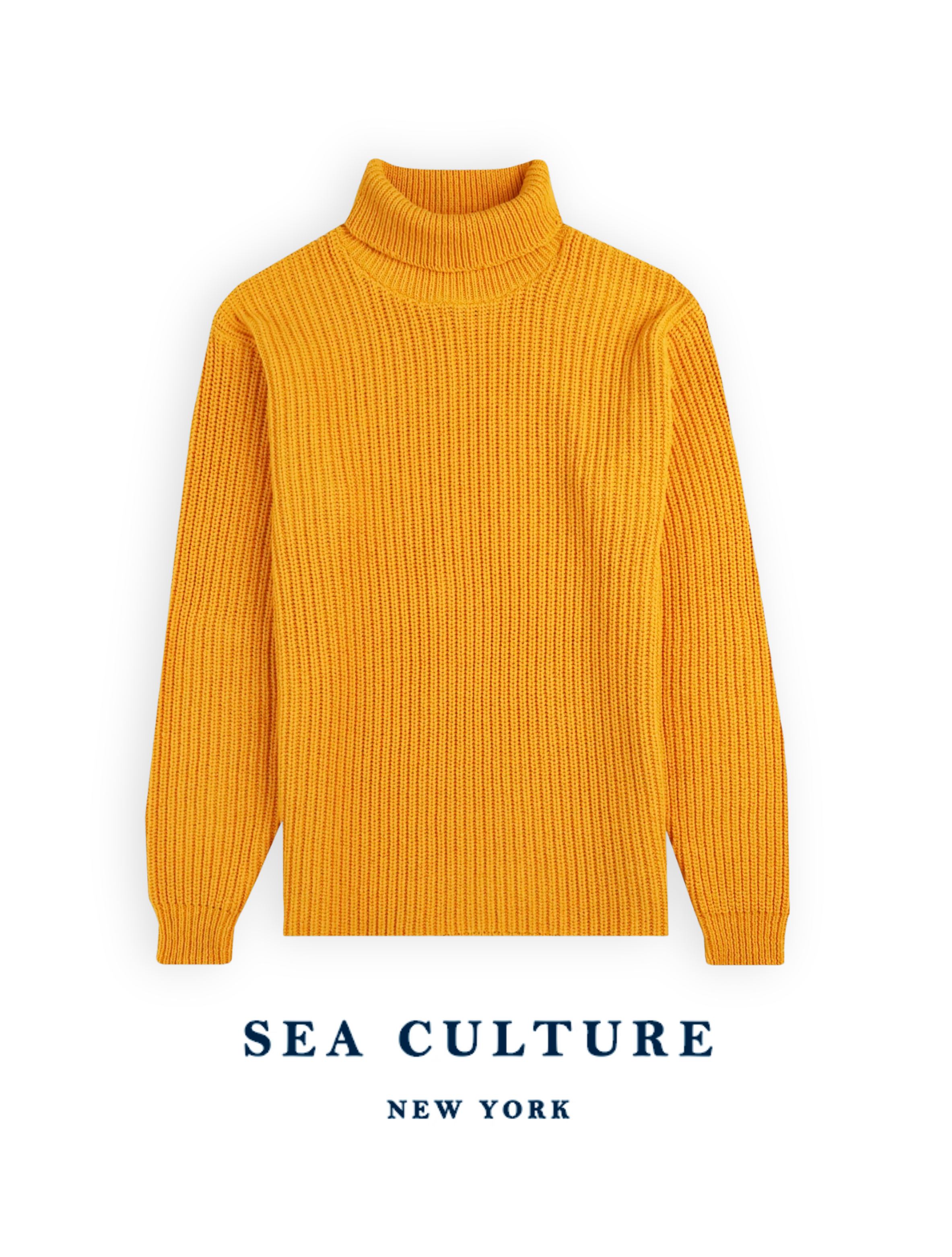 Yellow turtleneck sweater against a black background with text, "Sea Culture New York."