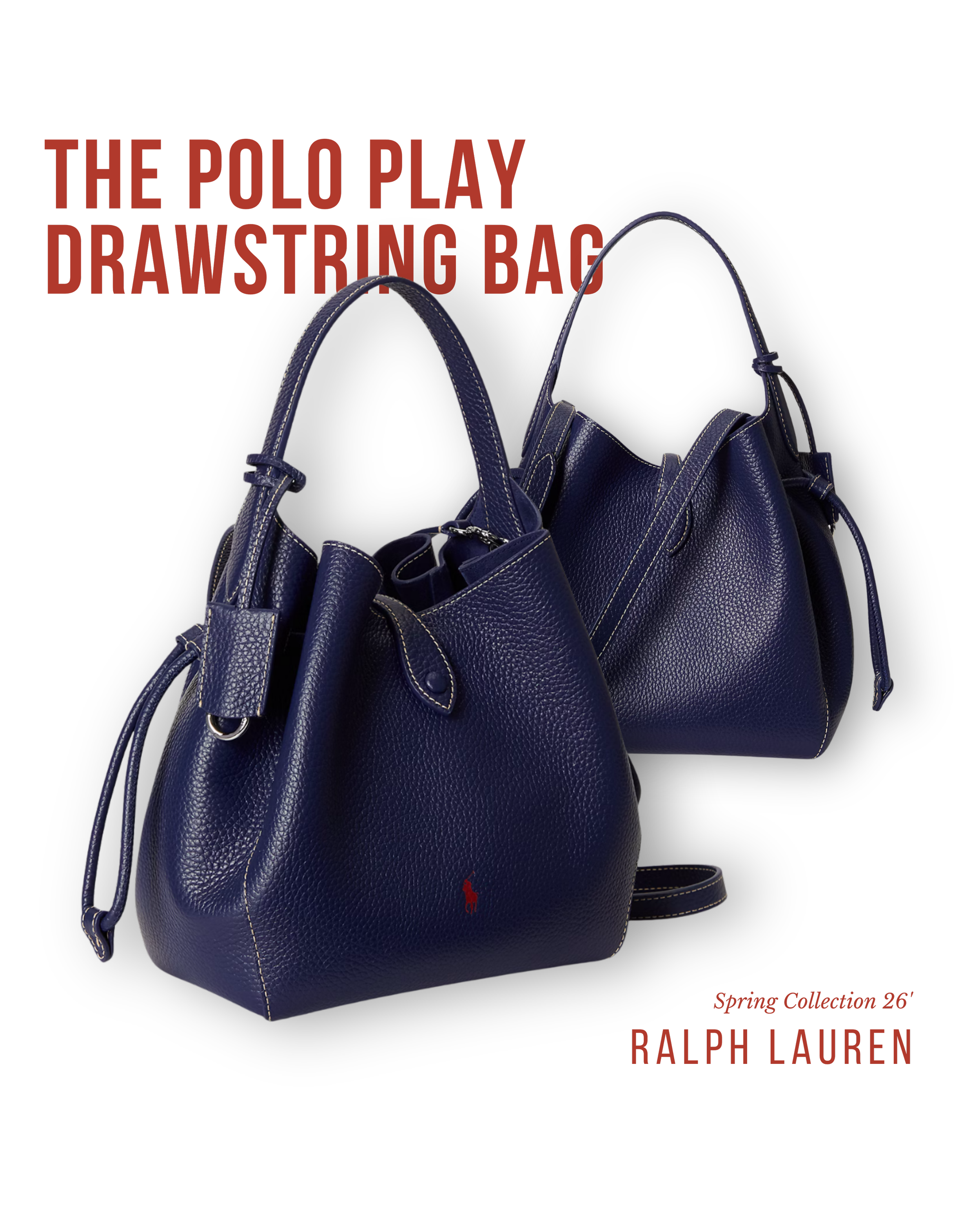 Two navy blue leather drawstring bags from Ralph Lauren's Spring Collection 26, displayed against a black background with red text.