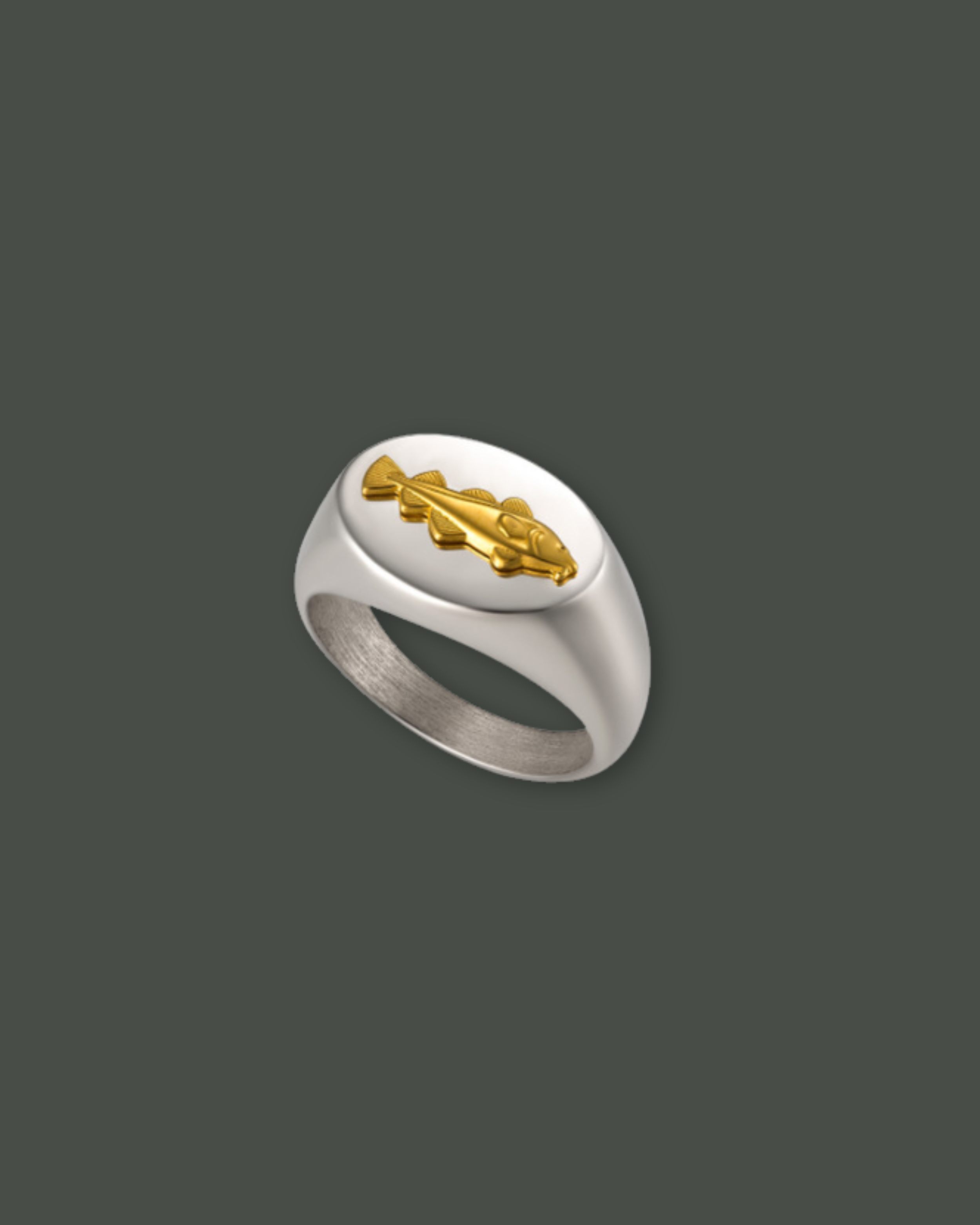 A silver ring with a gold fish emblem on top against a dark gray background.