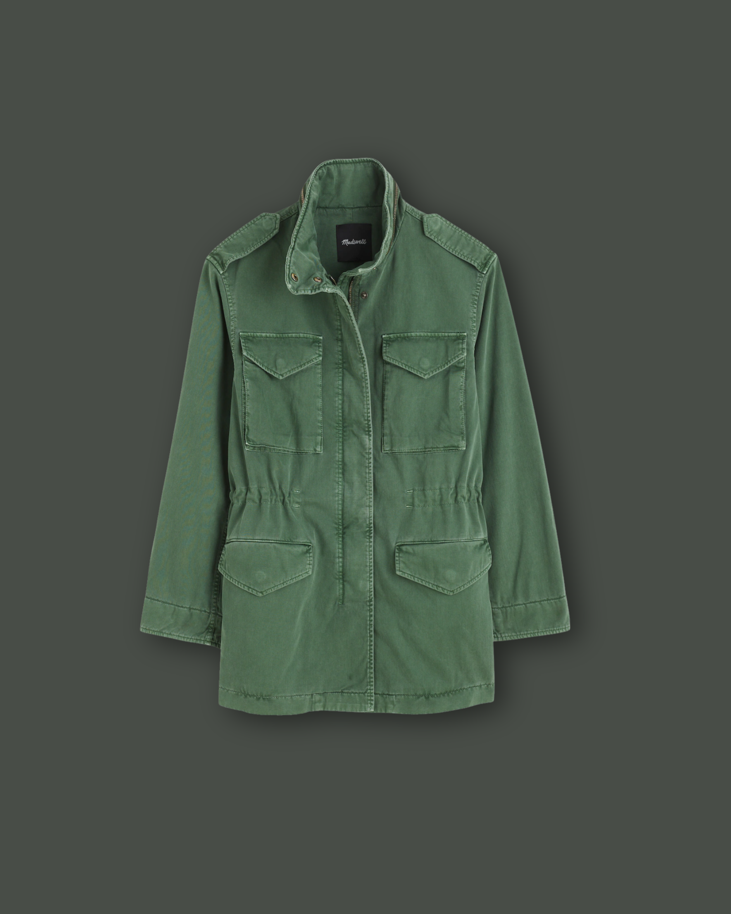 Green military-style jacket with multiple front pockets on a dark background.