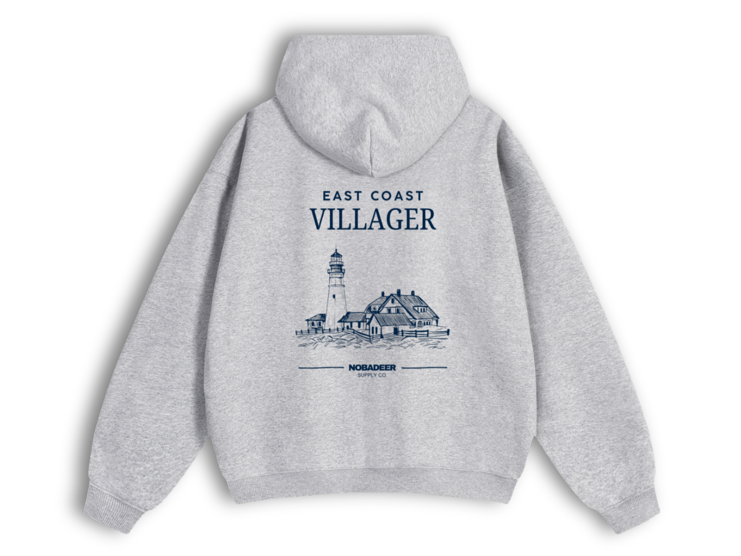 Gray hoodie with navy blue lighthouse graphic and text that reads 'East Coast Villager' and 'Nobadeer Supply Co.'