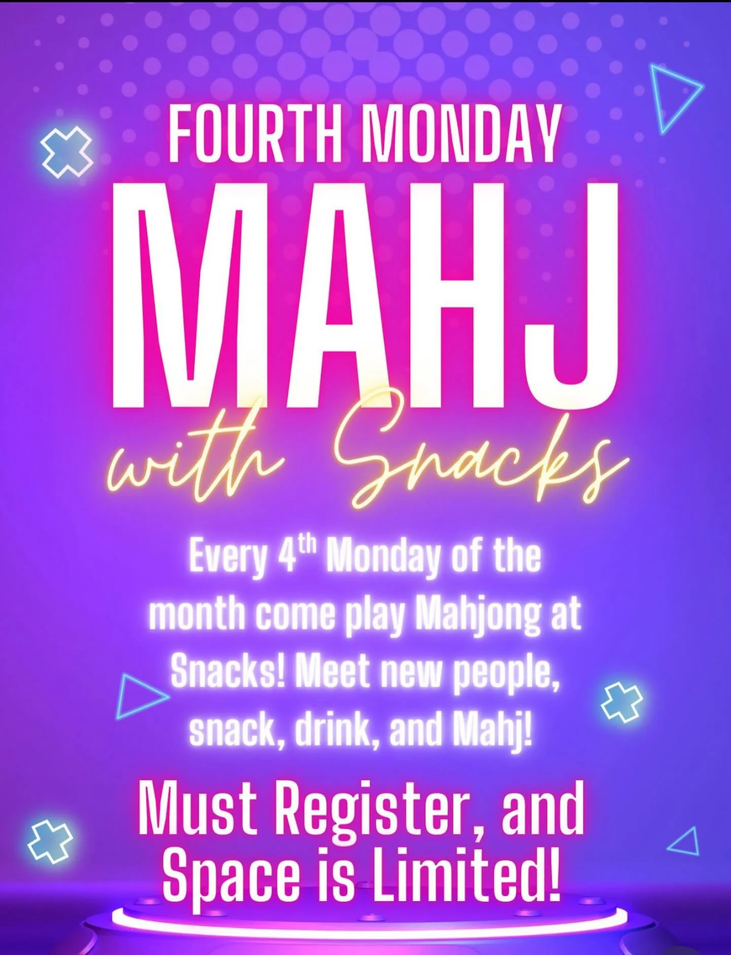 π Open Play Night Alert! π
Join us at @snacksprovisionco on Monday, September 22 at 5:30 PM for a fun night of American Mahjong! 
π° Cost: $10 per person
π Must know how to play American Mahjong
π Prizes for winners + a raffle prize!
Spots are li