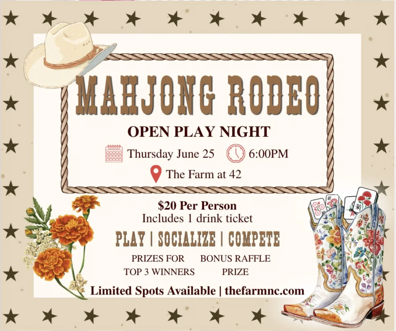 6/25 Mahjong Rodeo Open Play at The Farm at 42