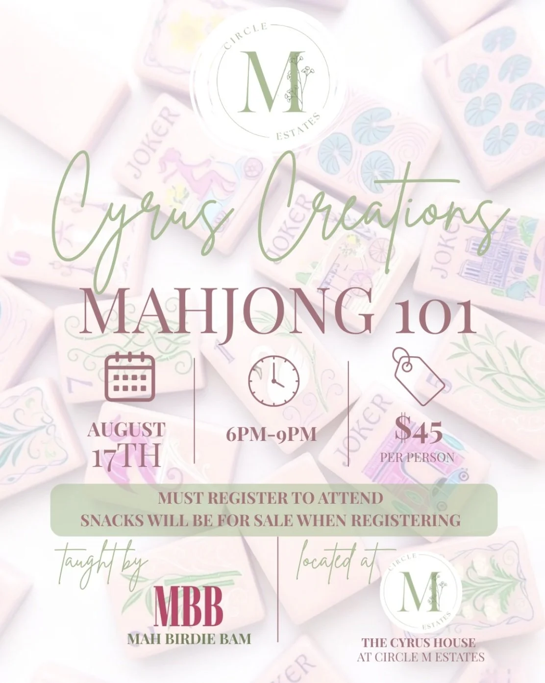 8/17 Mahjong 101: Beginner Basics at Circle M Estates