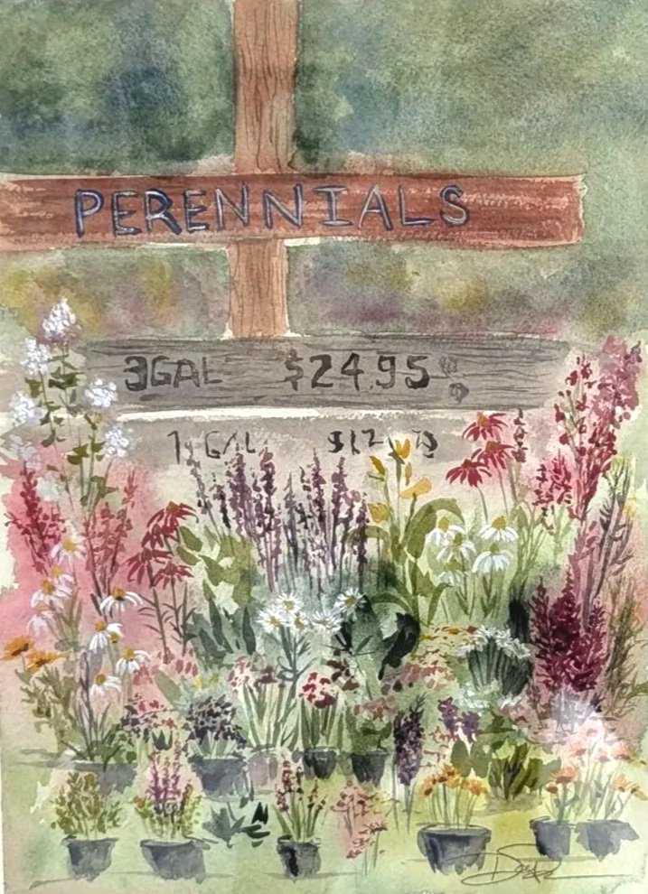 11"x8" Watercolor on paper
Plein Air 
Potted Perennials at Peninsula Perennial Nursery in Northport, MI
SOLD