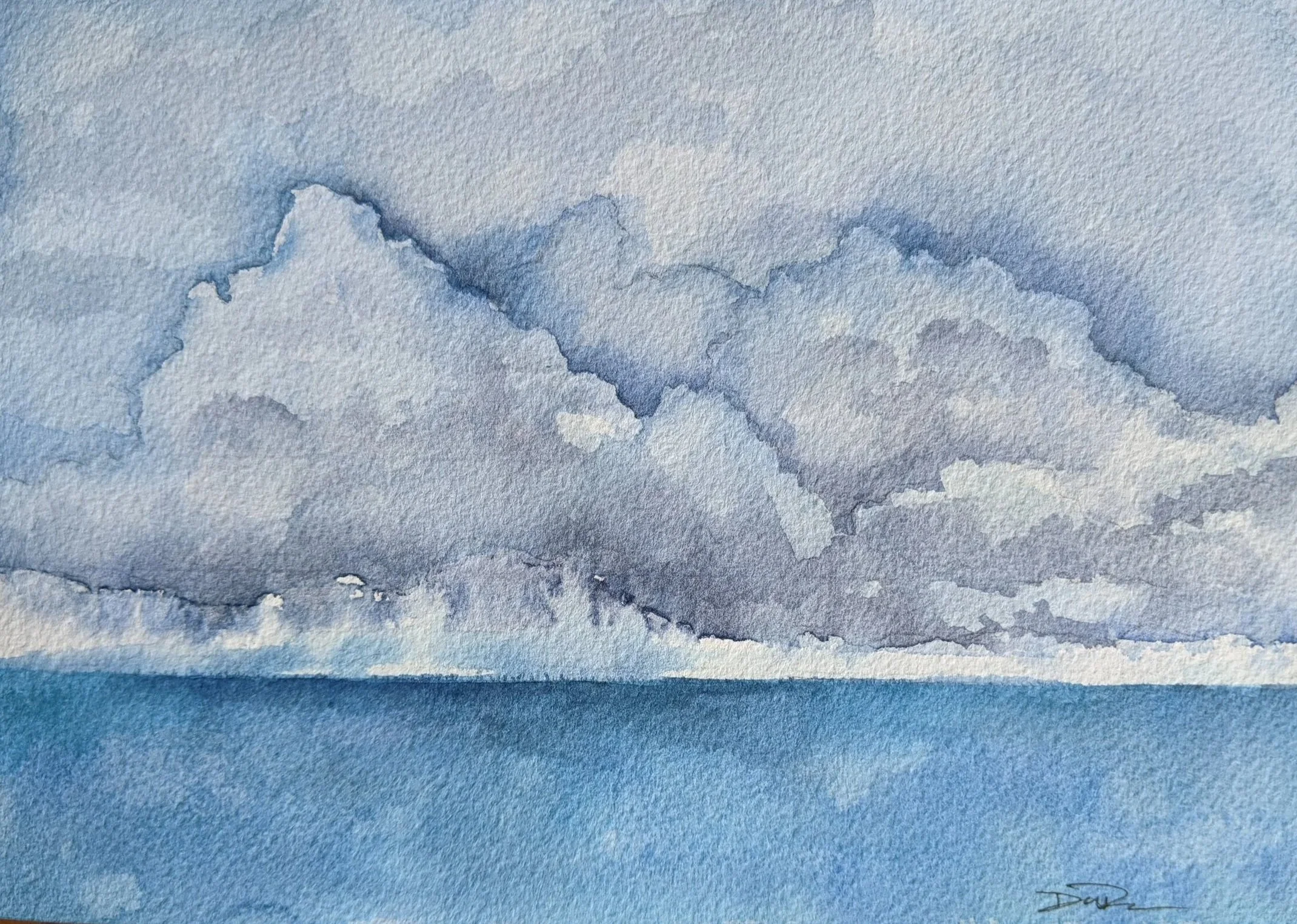 Watercolor painting of a cloudy sky over the ocean.