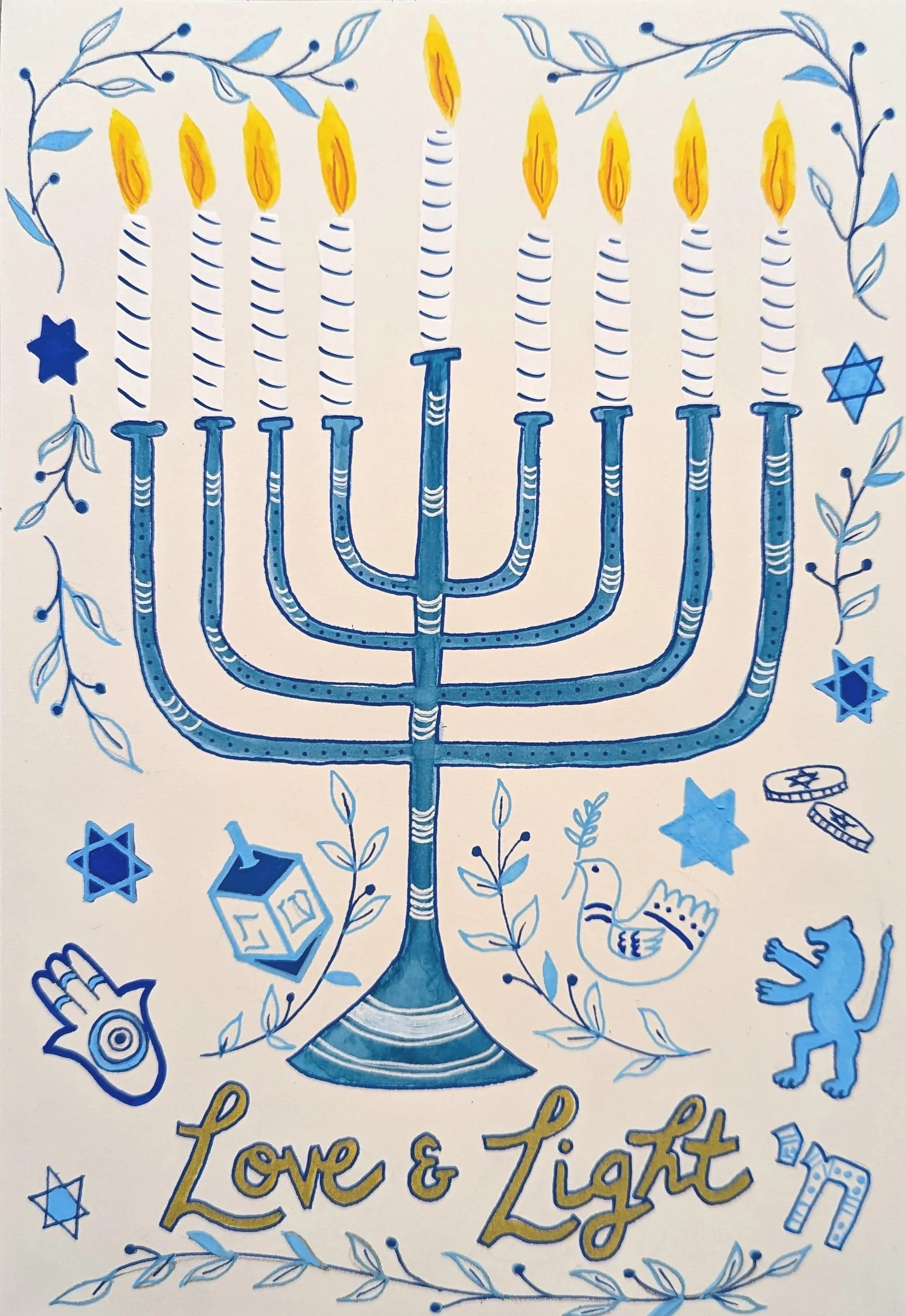 10.5"x7" Watercolor and Ink on paper
Love and Light Menorah
AVAILABLE