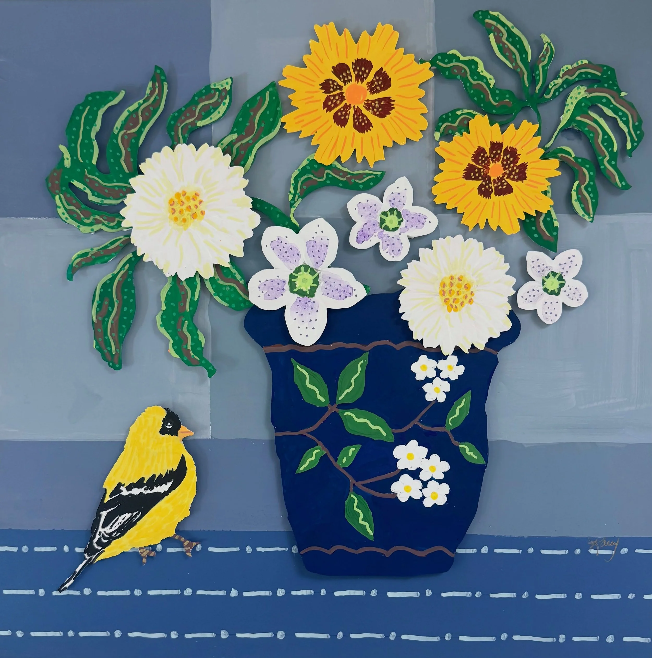 It starts with photos of flowers. This piece features white dahlias, purple and green hellebores and beautiful yellow tickseed that&rsquo;s part of the sunflower family. Then I paint all the individual pieces and put them together in an arrangement. 