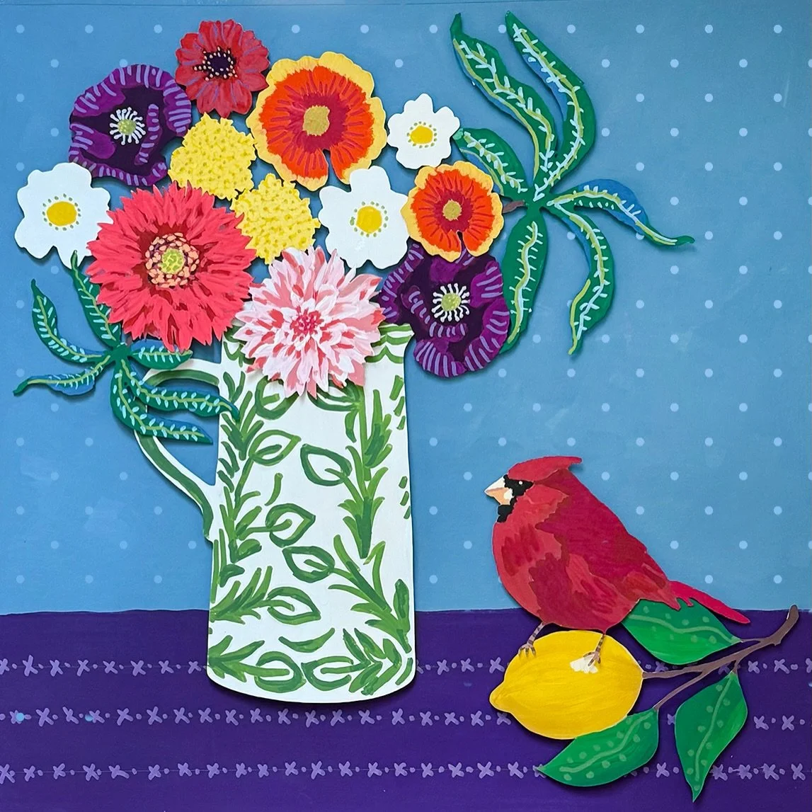 My &ldquo;Birds Gone Wild&rdquo; series is almost complete. I love painting combinations of flowers I&rsquo;ve grown with some of the crazy birds that land in my yard.  Five pieces will be available later this year. #kareysflowershop