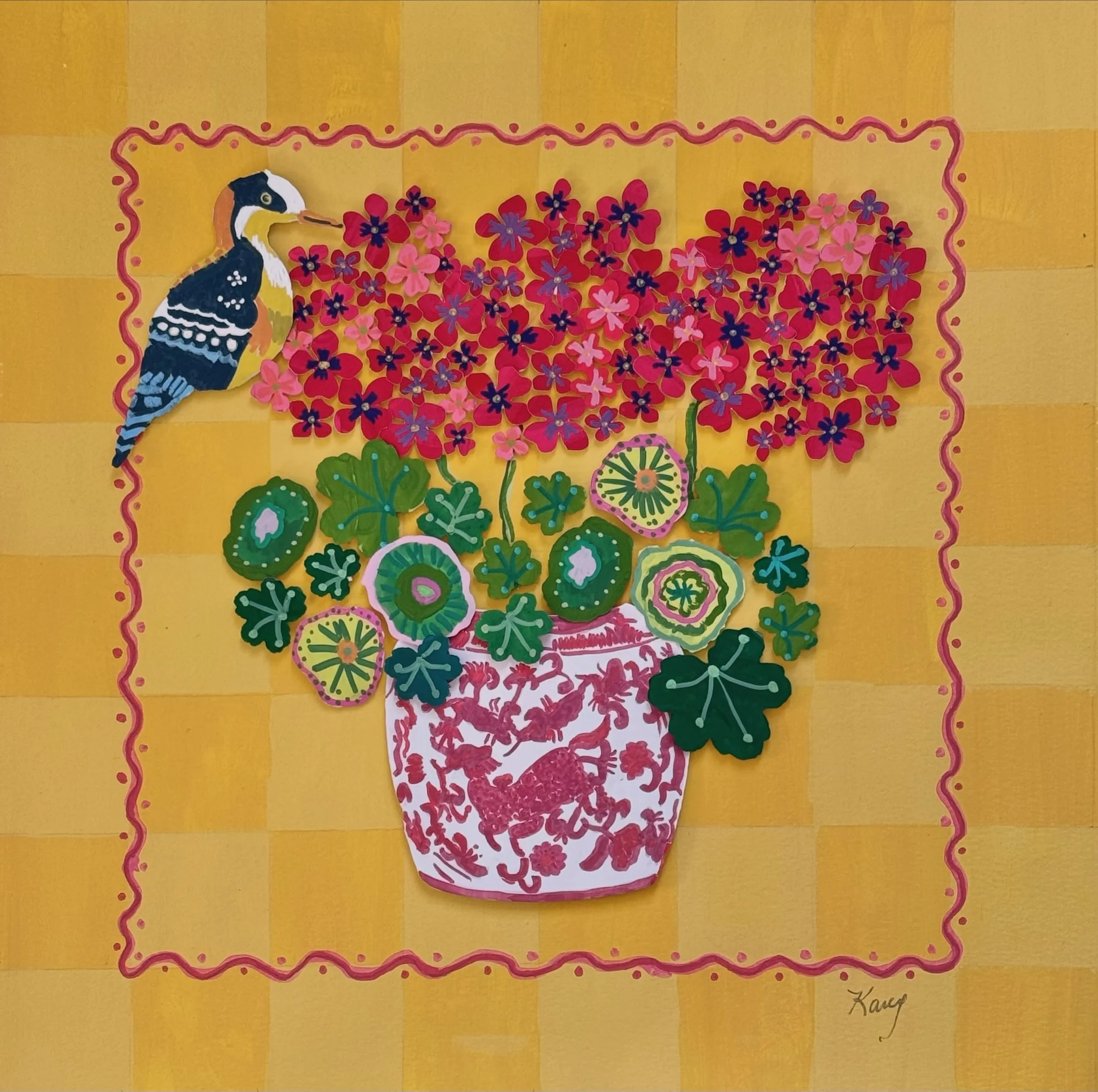 The final piece in my &ldquo;Birds gone wild&rdquo; series created for an upcoming showing. I love geraniums so much; creating it was such a memory jog back to my grandmother&rsquo;s garden. 💕
#kareysflowershop #geraniums #fineartcollage