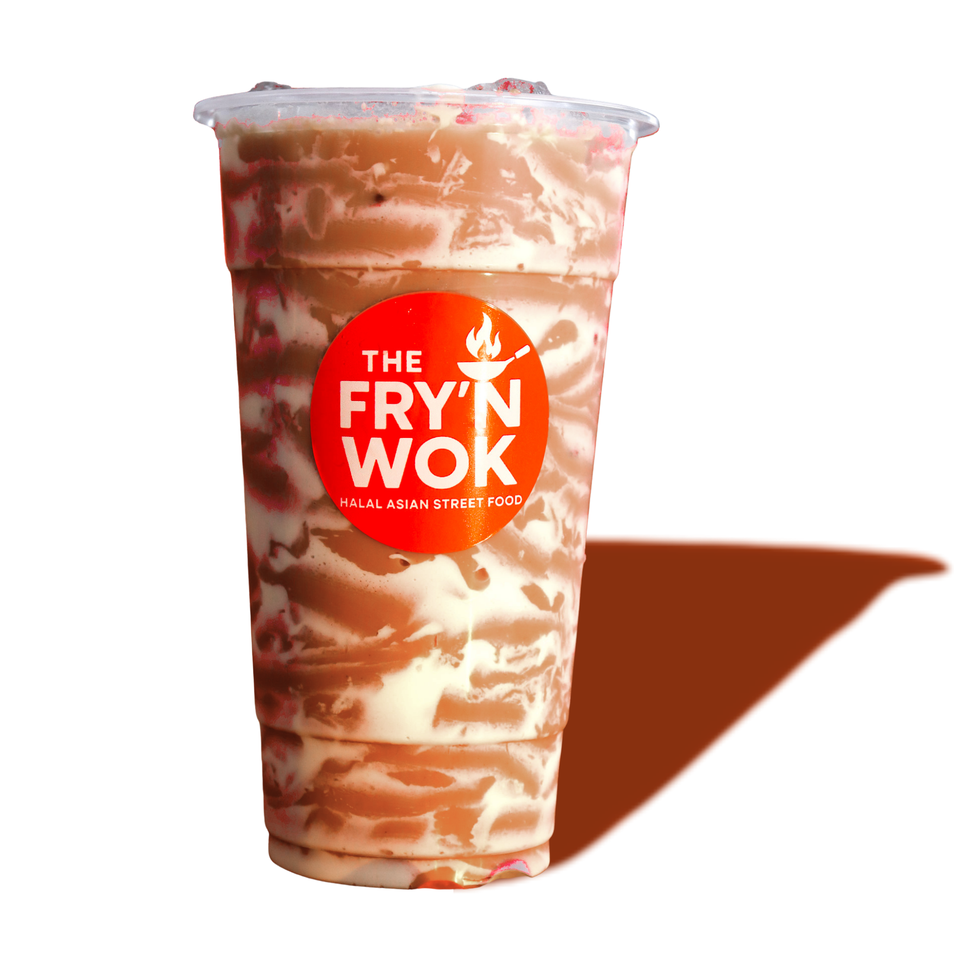 A plastic cup with a marbled iced drink from The Fry'n Wok, a halal Asian street food restaurant, with a red logo sticker on the front.