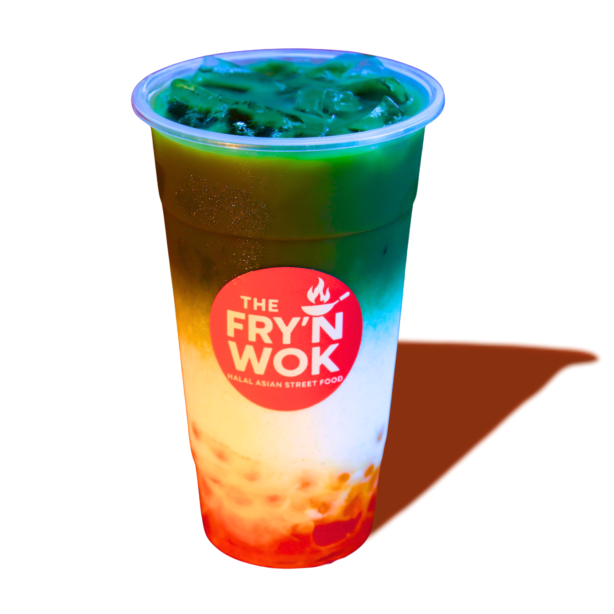 A colorful bubble tea drink with green, yellow, and red layers in a clear plastic cup, featuring a red logo with white text that reads 'The Fry'n Wok' and an illustration of a steaming bowl, placed on a black background.