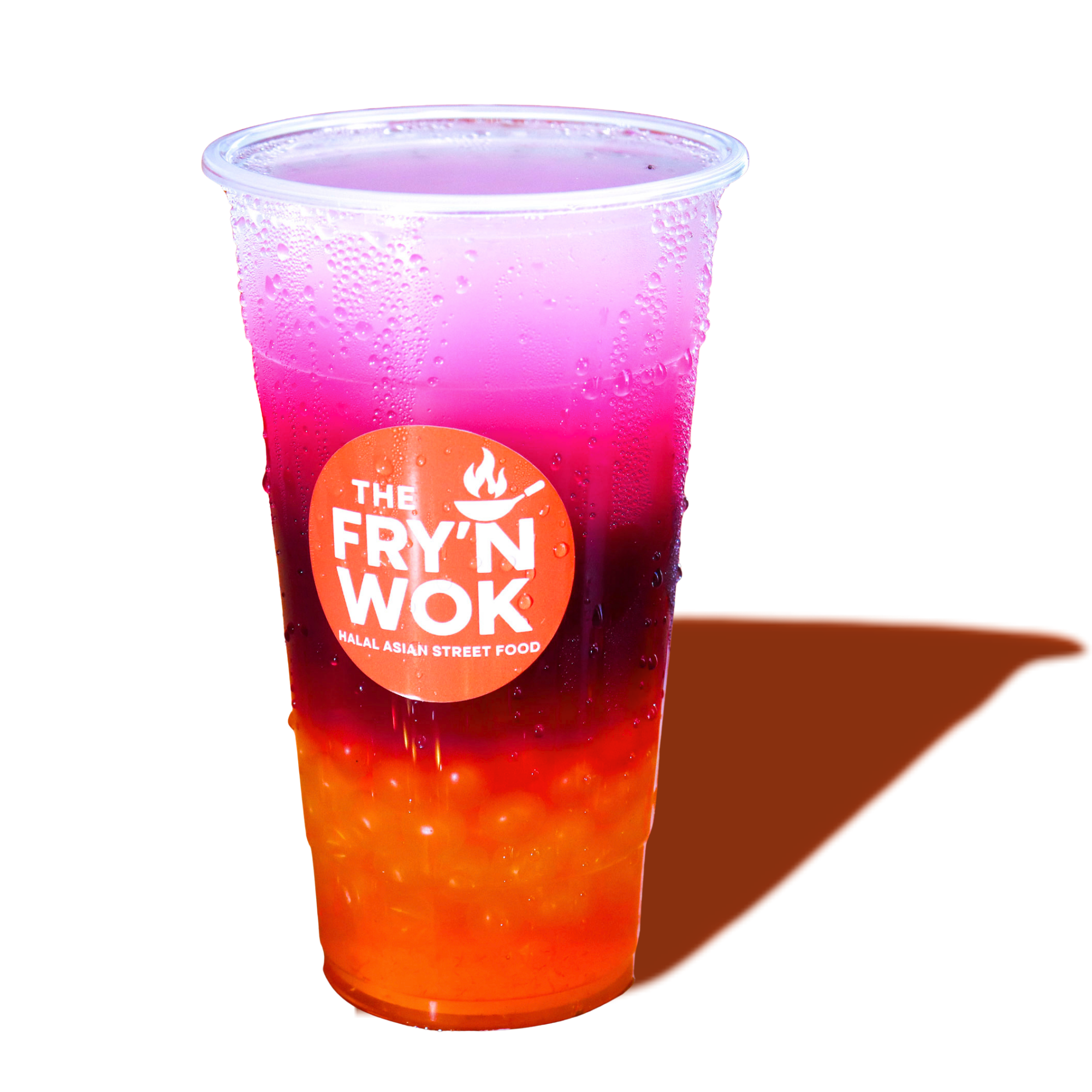 A cold plastic cup filled with a layered beverage that transitions from bright orange at the bottom to light purple at the top. The cup has condensation on the outside and a label that reads 'The Fry'n Wok Halal Asian Street Food' with a stylized flame logo.